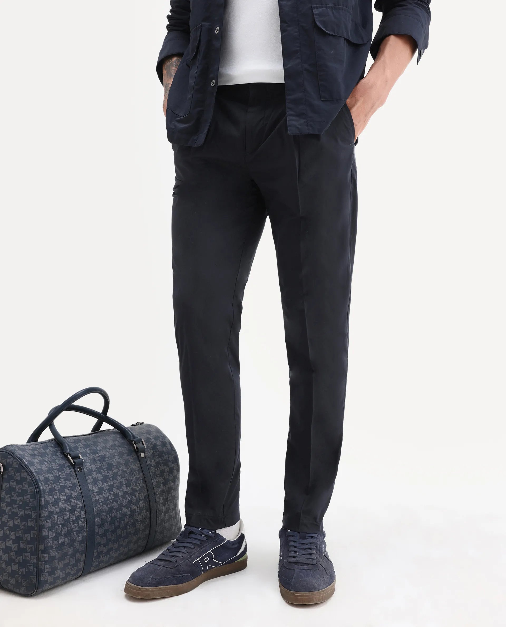 Rare Rabbit Men's Sapporo Navy Cotton Plain Slim Fit Trouser