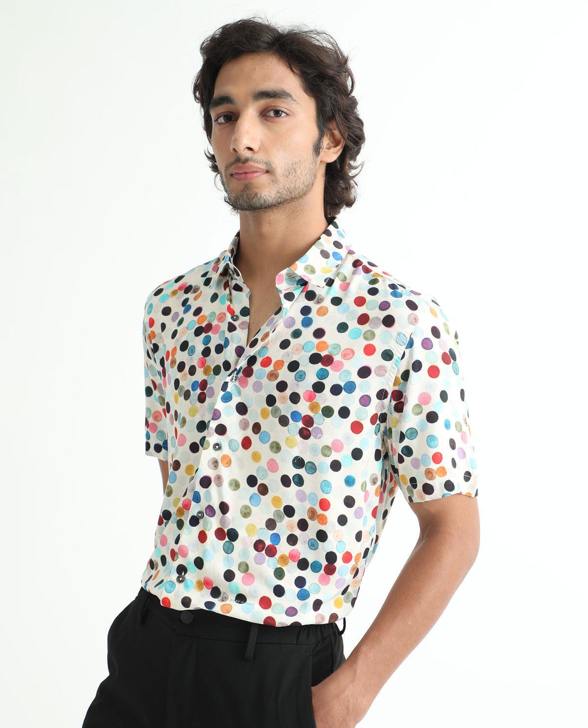 Rare Rabbit Men's Sara White Cotton Fabric Polka Print Half Sleeves Shirt
