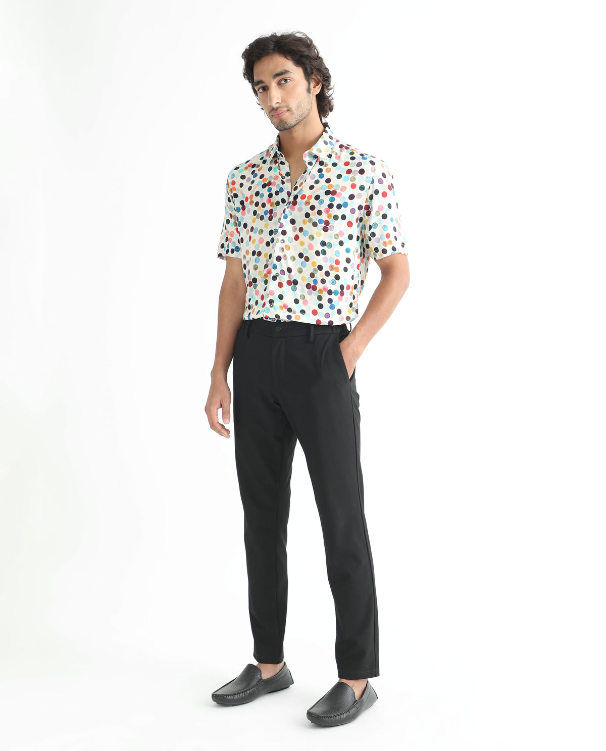 Rare Rabbit Men's Sara White Cotton Fabric Polka Print Half Sleeves Shirt