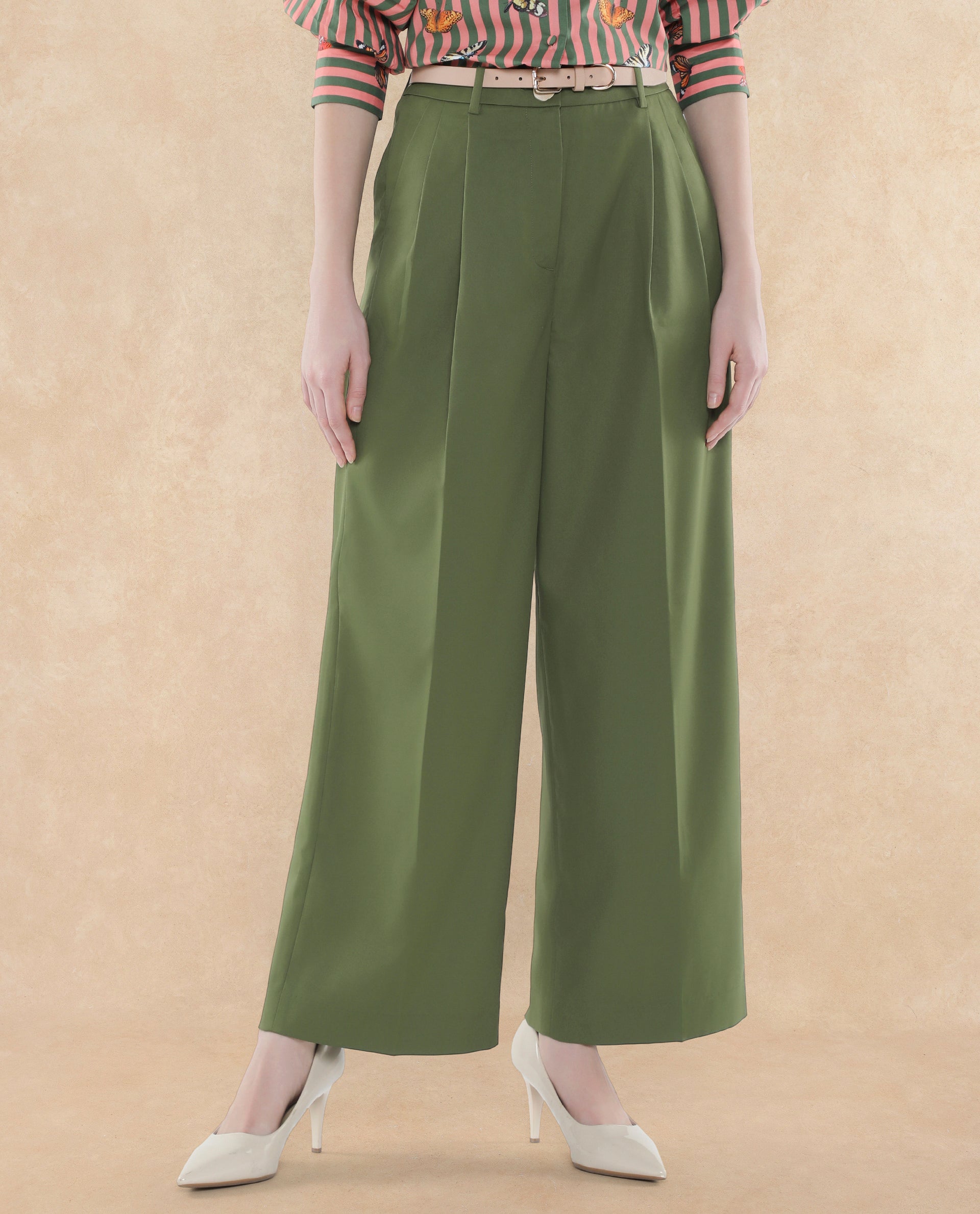 Rareism Women Sarin Olive Poly Viscose Fabric Button Closure Wide Fit Ankle Length Plain Trouser