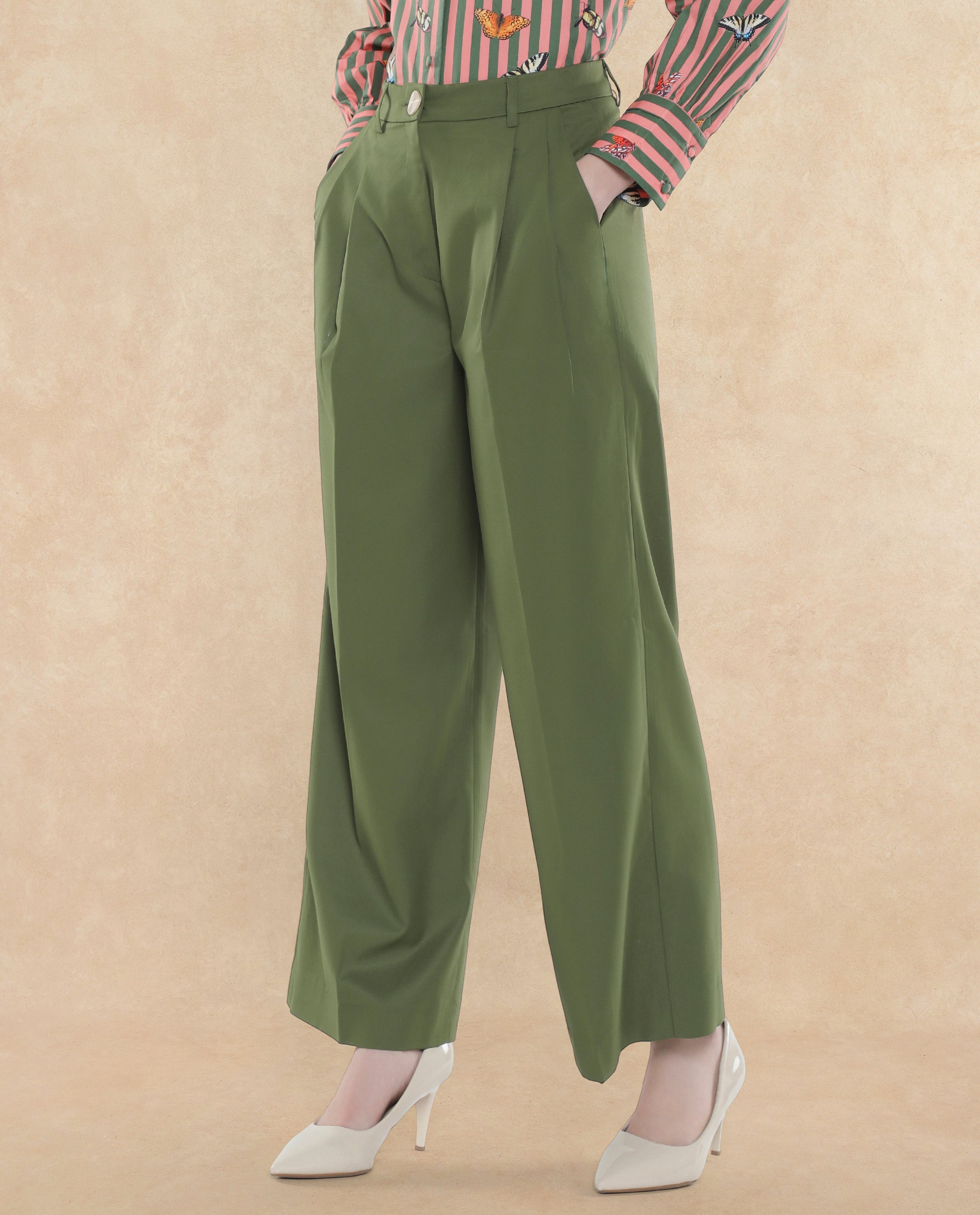 Rareism Women Sarin Olive Poly Viscose Fabric Button Closure Wide Fit Ankle Length Plain Trouser