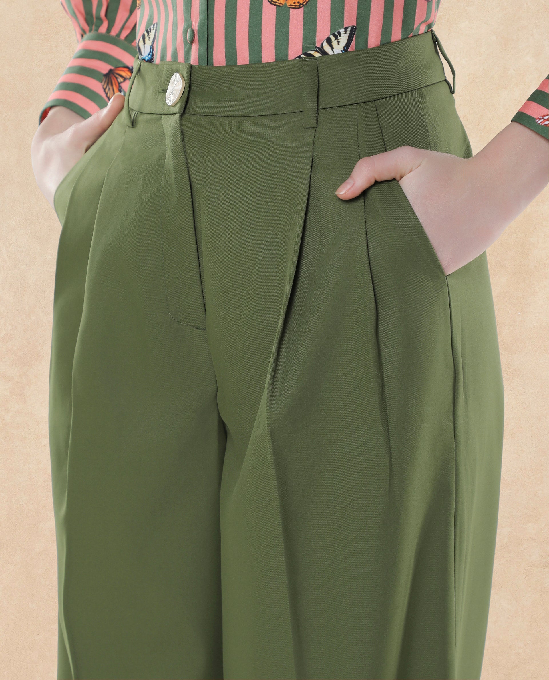 Rareism Women Sarin Olive Poly Viscose Fabric Button Closure Wide Fit Ankle Length Plain Trouser