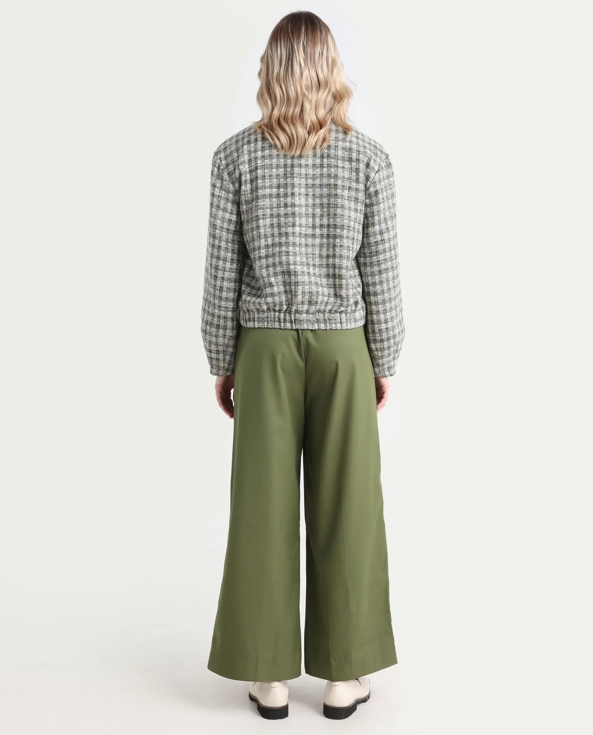 Rareism Women's Sarin Olive Polyester Blend Plain Ankle Length Wide Trouser