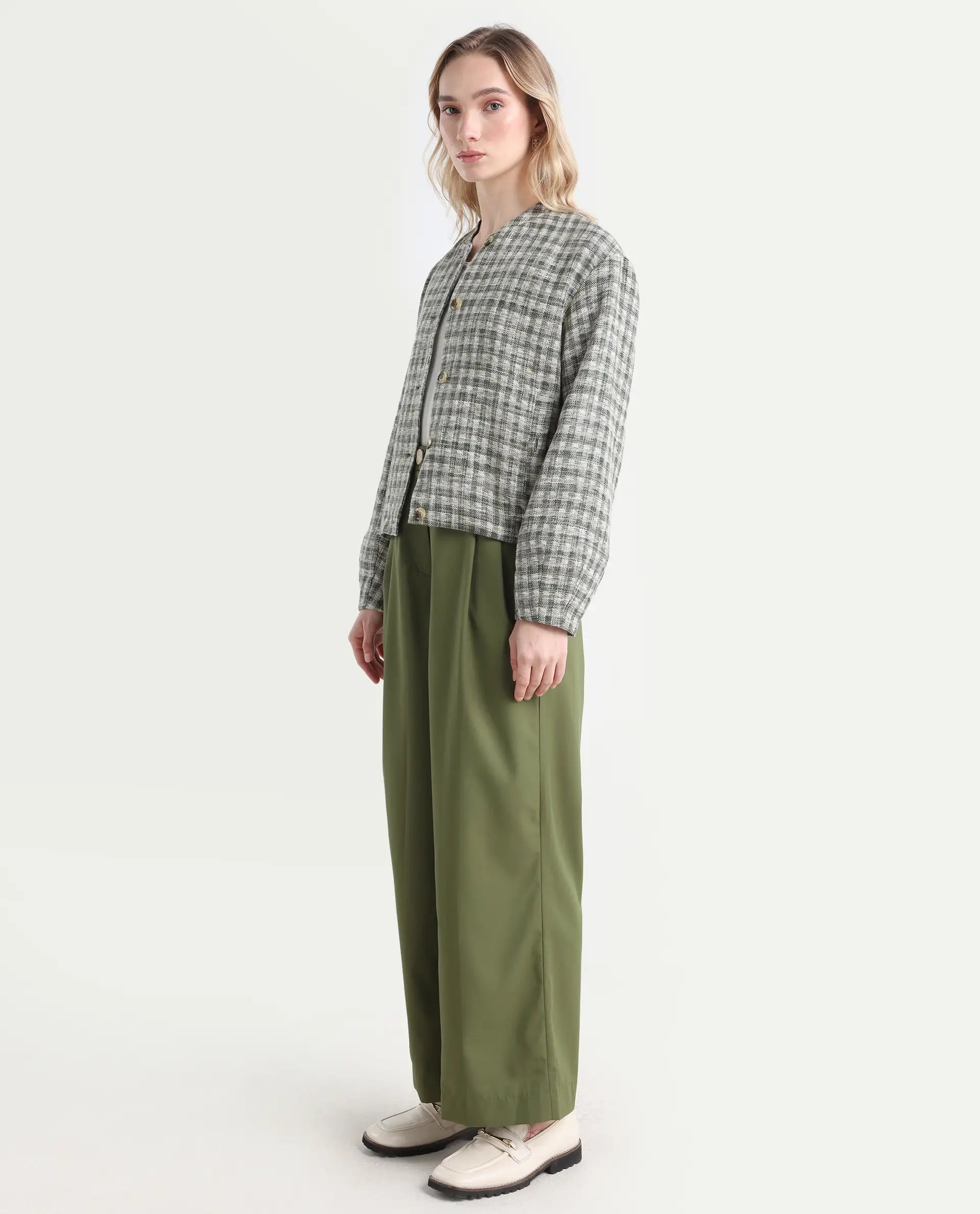 Rareism Women's Sarin Olive Polyester Blend Plain Ankle Length Wide Trouser