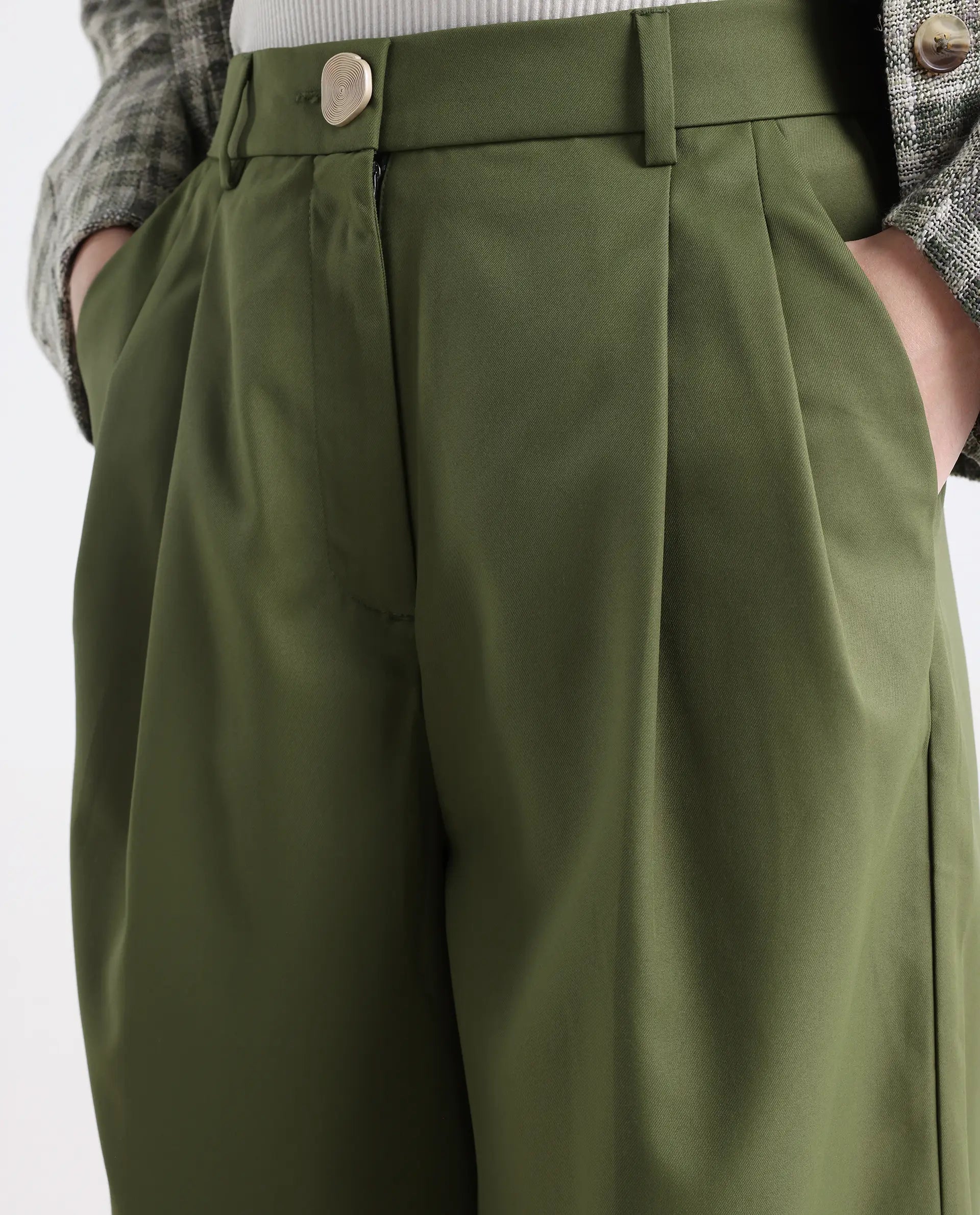 Rareism Women's Sarin Olive Polyester Blend Plain Ankle Length Wide Trouser