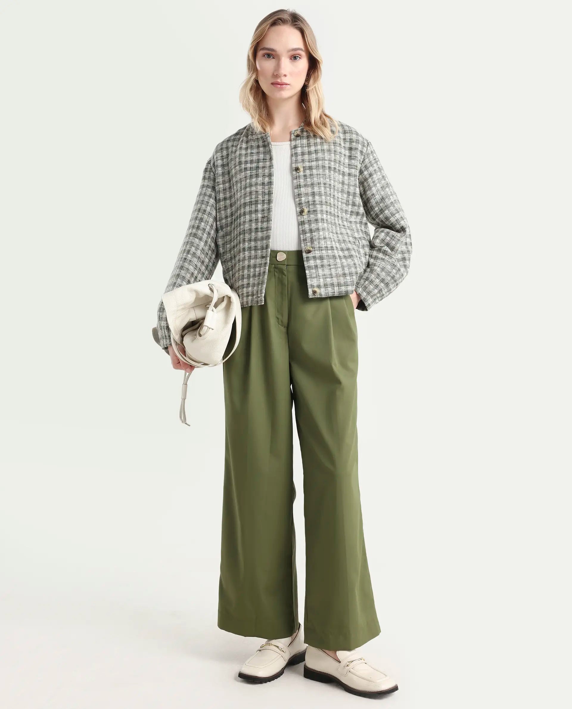 Rareism Women's Sarin Olive Polyester Blend Plain Ankle Length Wide Trouser