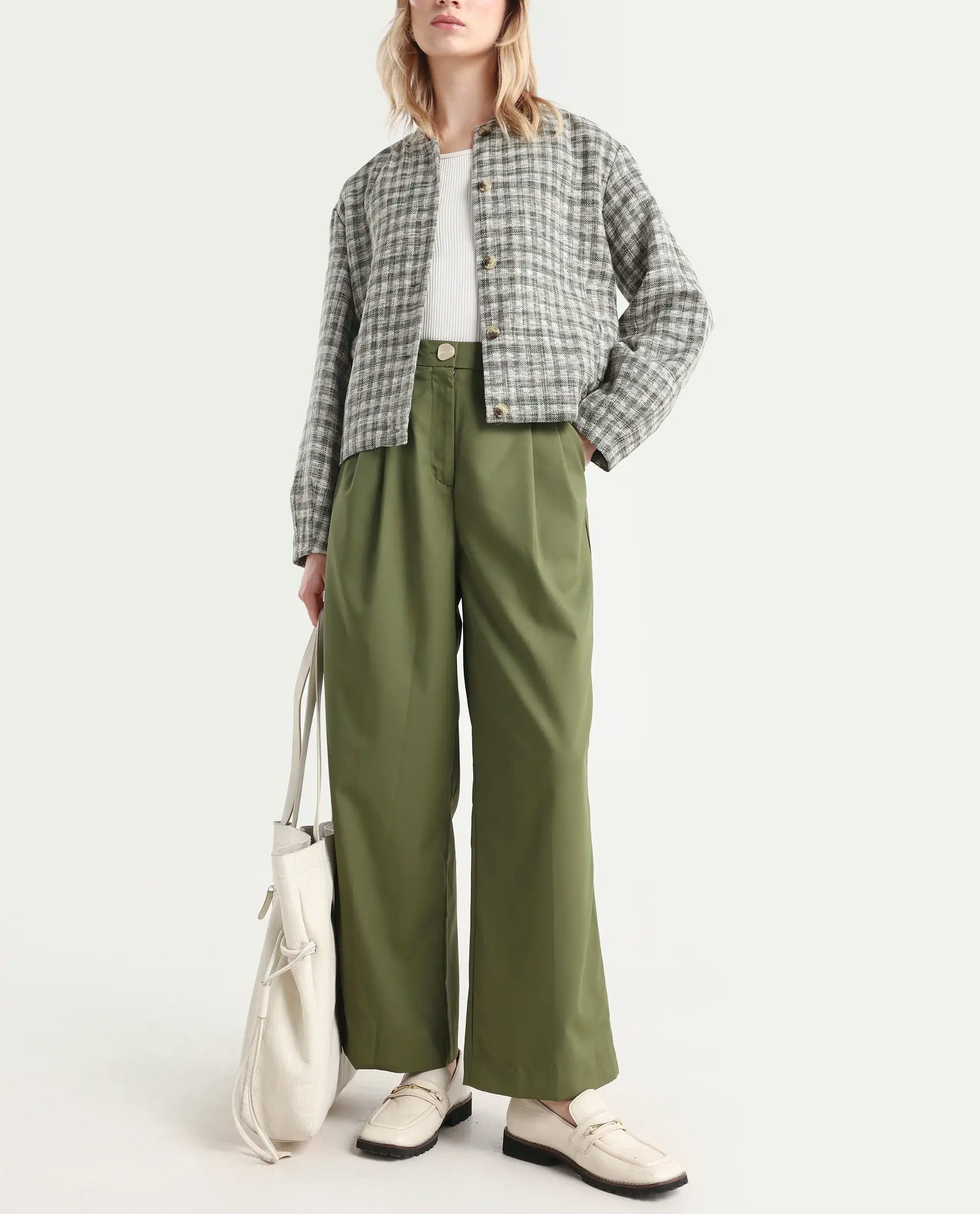 Rareism Women's Sarin Olive Polyester Blend Plain Ankle Length Wide Trouser