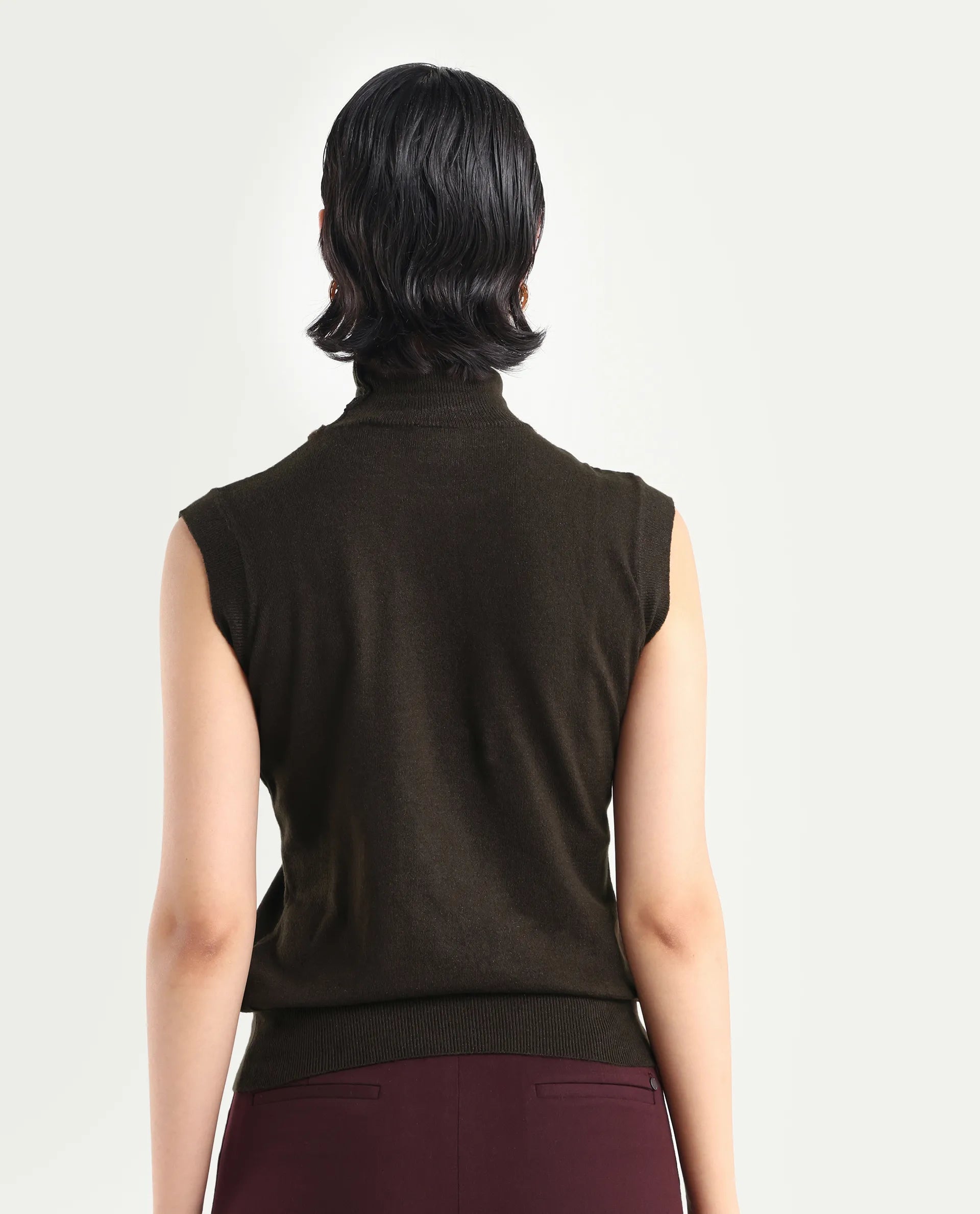 Rareism Women's Sarona Dark Brown Acrylic High Neck Plain Sleeveless Regular Fit Top