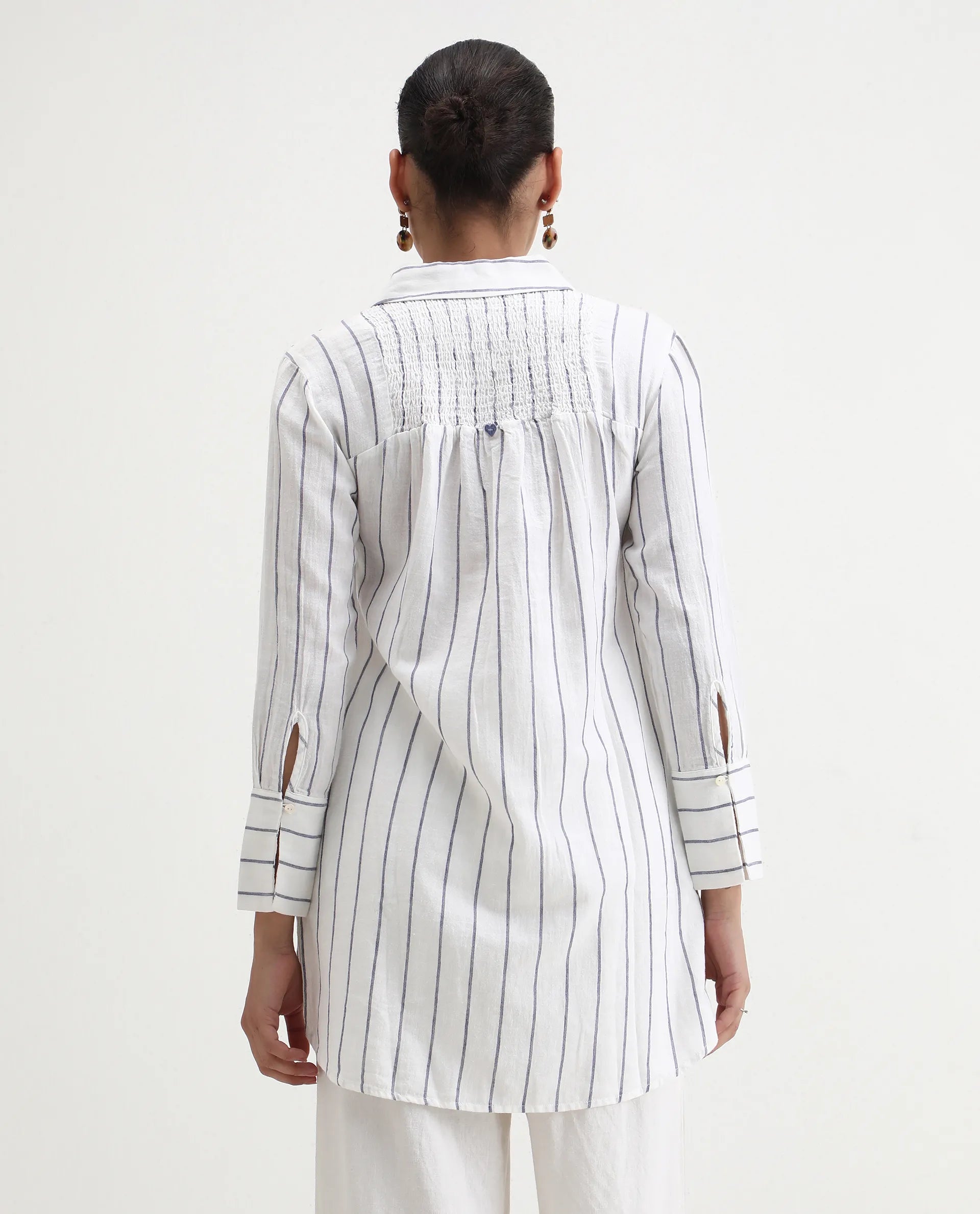 Rareism Women's Sarry Blue Linen Spread Collar Plain Regular Fit Top