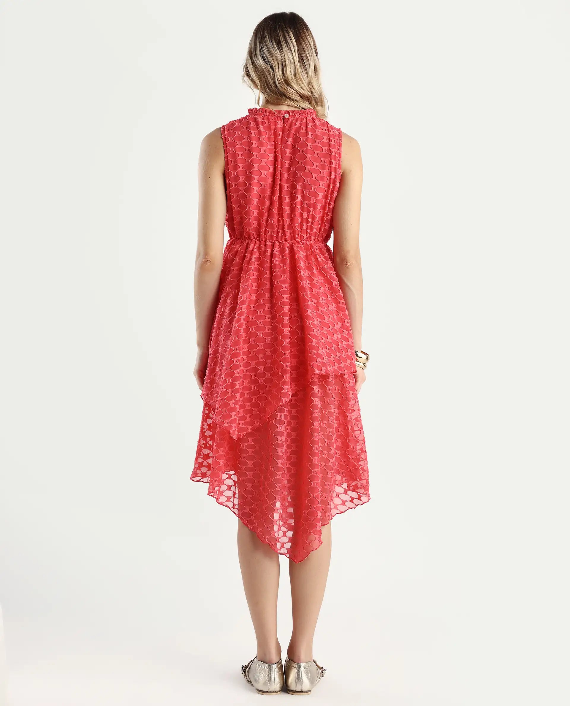 Rareism Women's Sarsa Pastel Pink Polyester Ruffled Neck Jacquard Sleeveless Midi Fit And Flare Dress