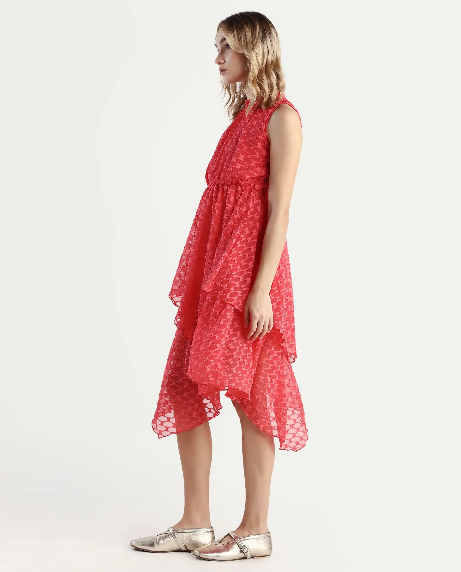 Rareism Women's Sarsa Pastel Pink Polyester Ruffled Neck Jacquard Sleeveless Midi Fit And Flare Dress