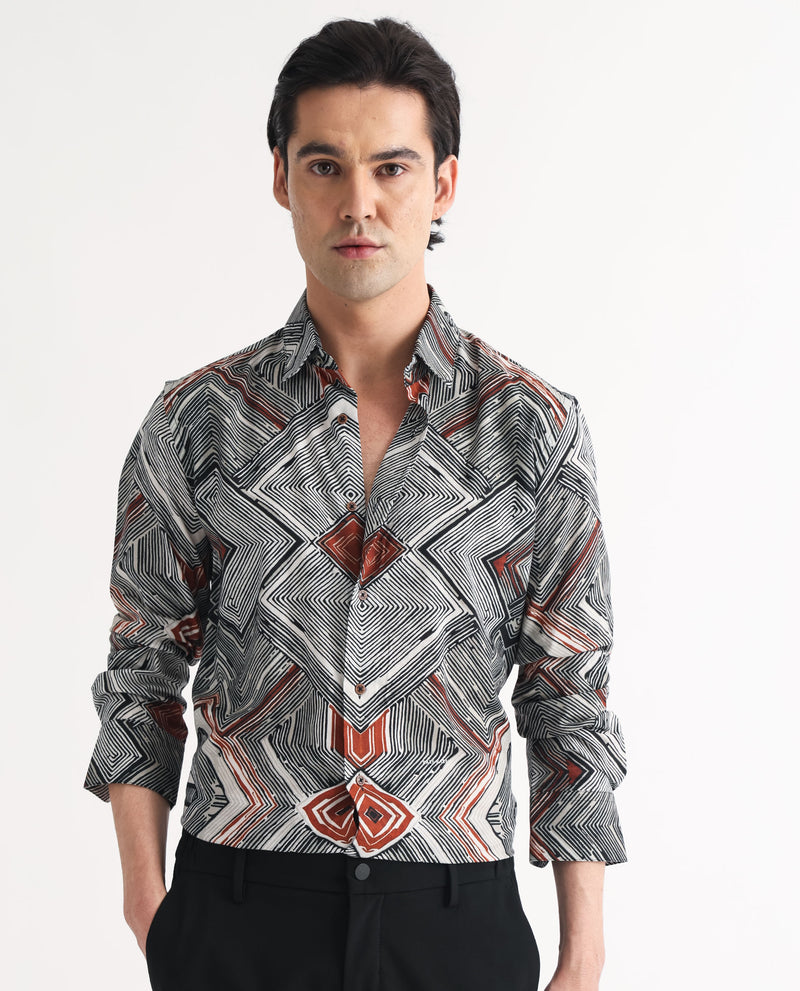 Rare Rabbit Men's Sart Brown Cotton Modal Fabric Geometric Print Full Sleeves Shirt