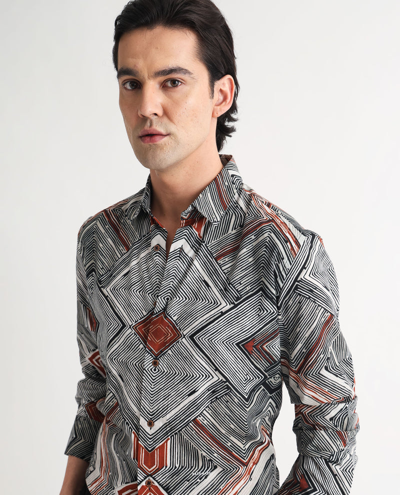 Rare Rabbit Men's Sart Brown Cotton Modal Fabric Geometric Print Full Sleeves Shirt