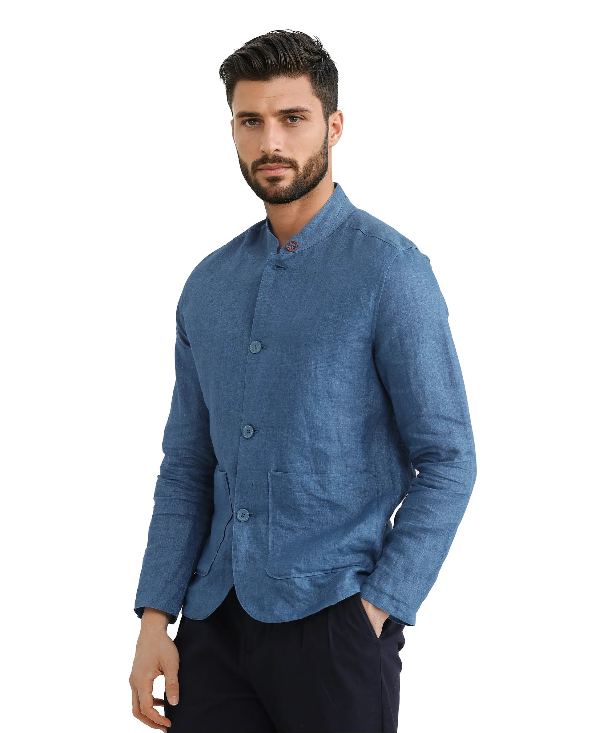 RARE RABBIT MENS SASH BLUE JACKET FULL SLEEVE MANDARIN COLLAR SOLID