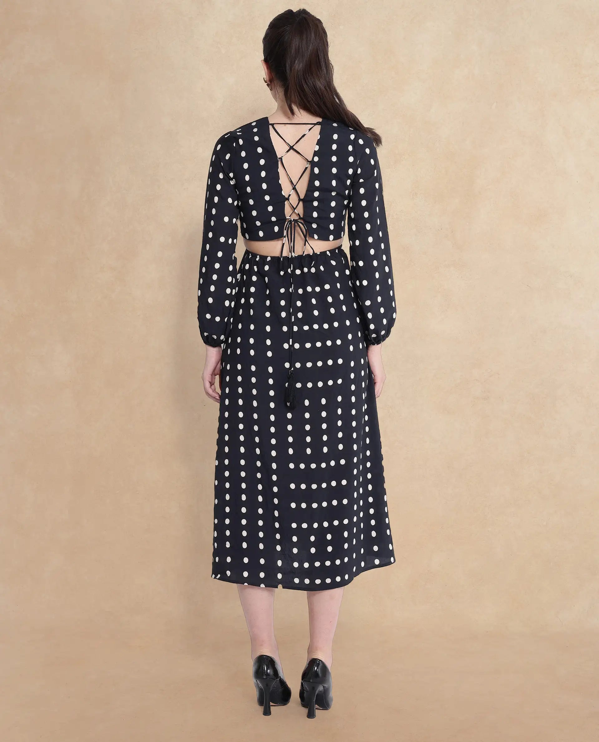 Rareism Women Sassari Black Bishop Sleeve V-Neck Tie Up A-Line Polka Print Maxi Dress