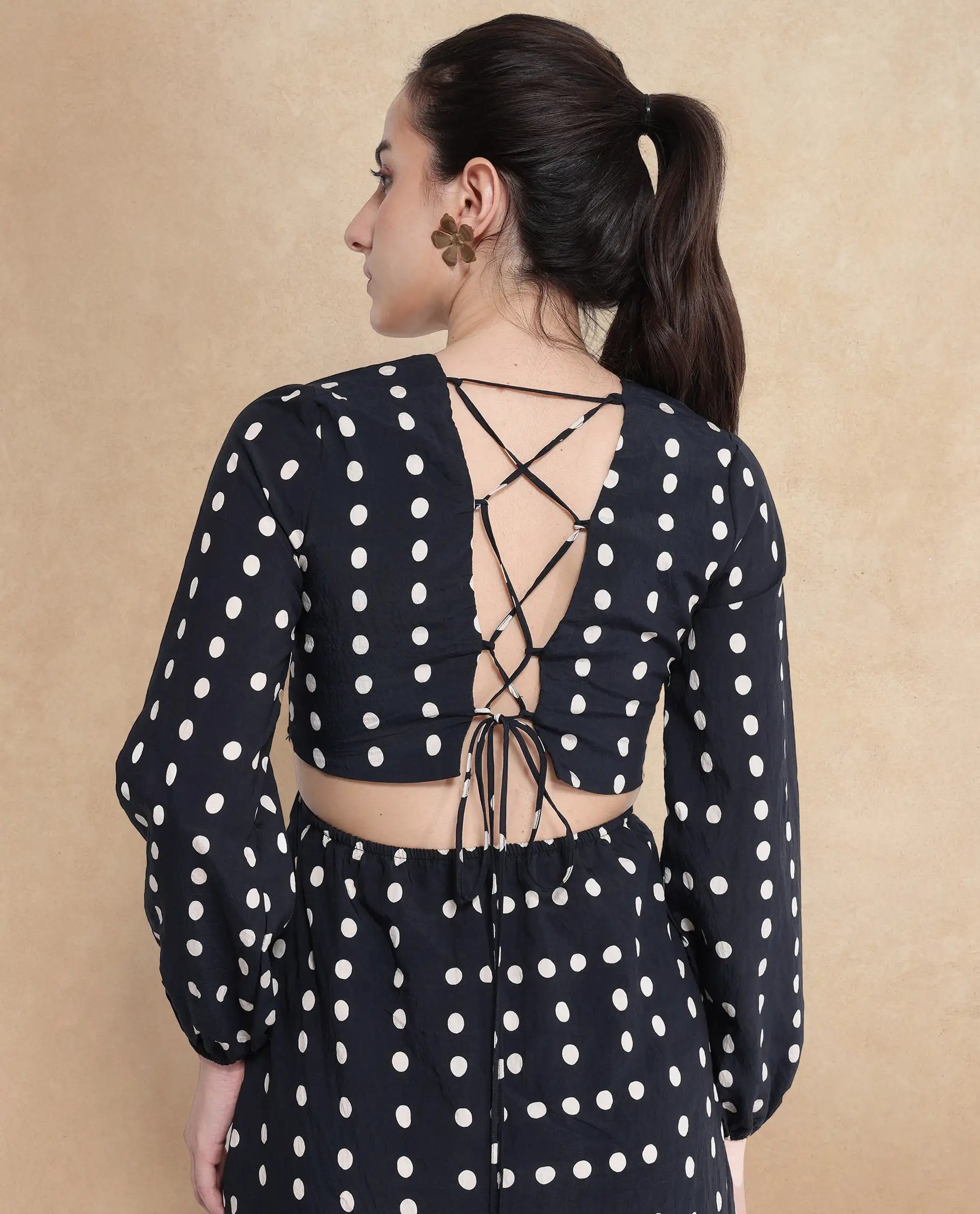 Rareism Women Sassari Black Bishop Sleeve V-Neck Tie Up A-Line Polka Print Maxi Dress