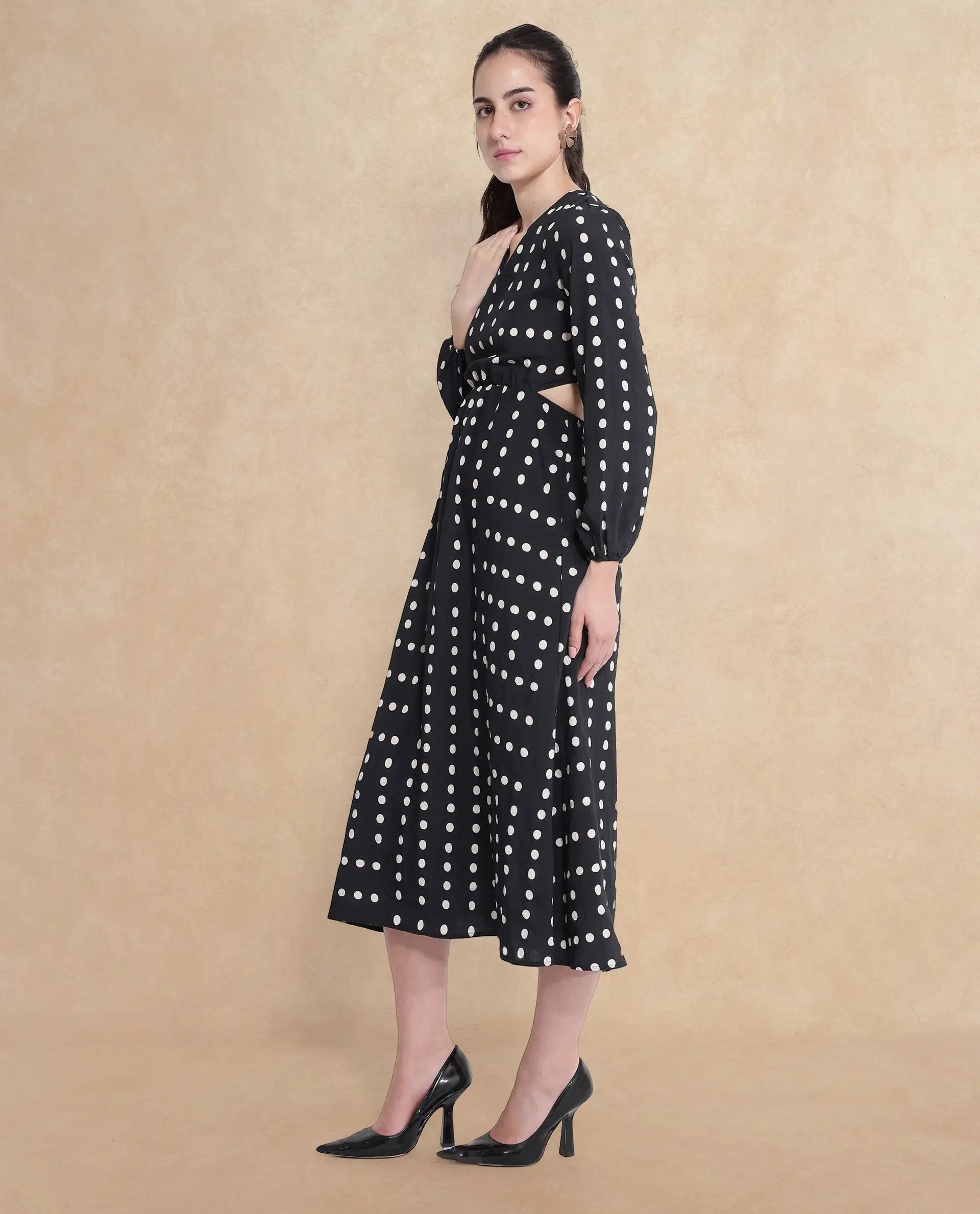 Rareism Women Sassari Black Bishop Sleeve V-Neck Tie Up A-Line Polka Print Maxi Dress