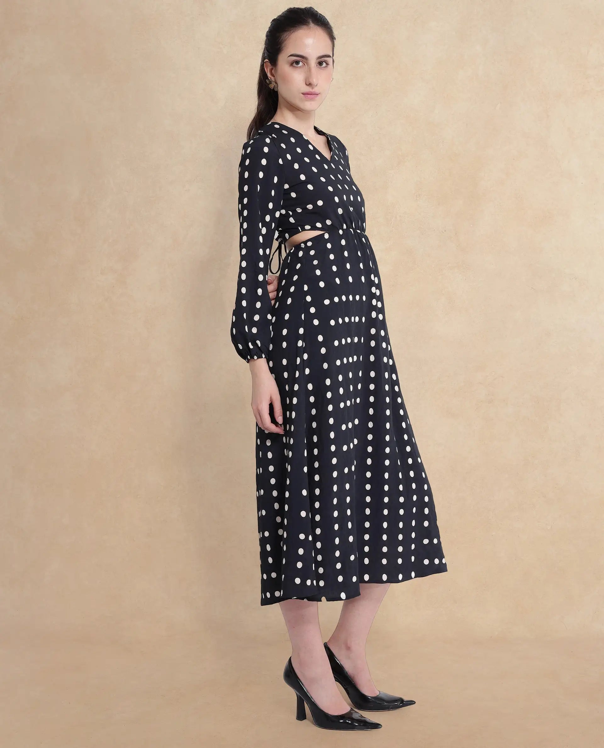 Rareism Women Sassari Black Bishop Sleeve V-Neck Tie Up A-Line Polka Print Maxi Dress