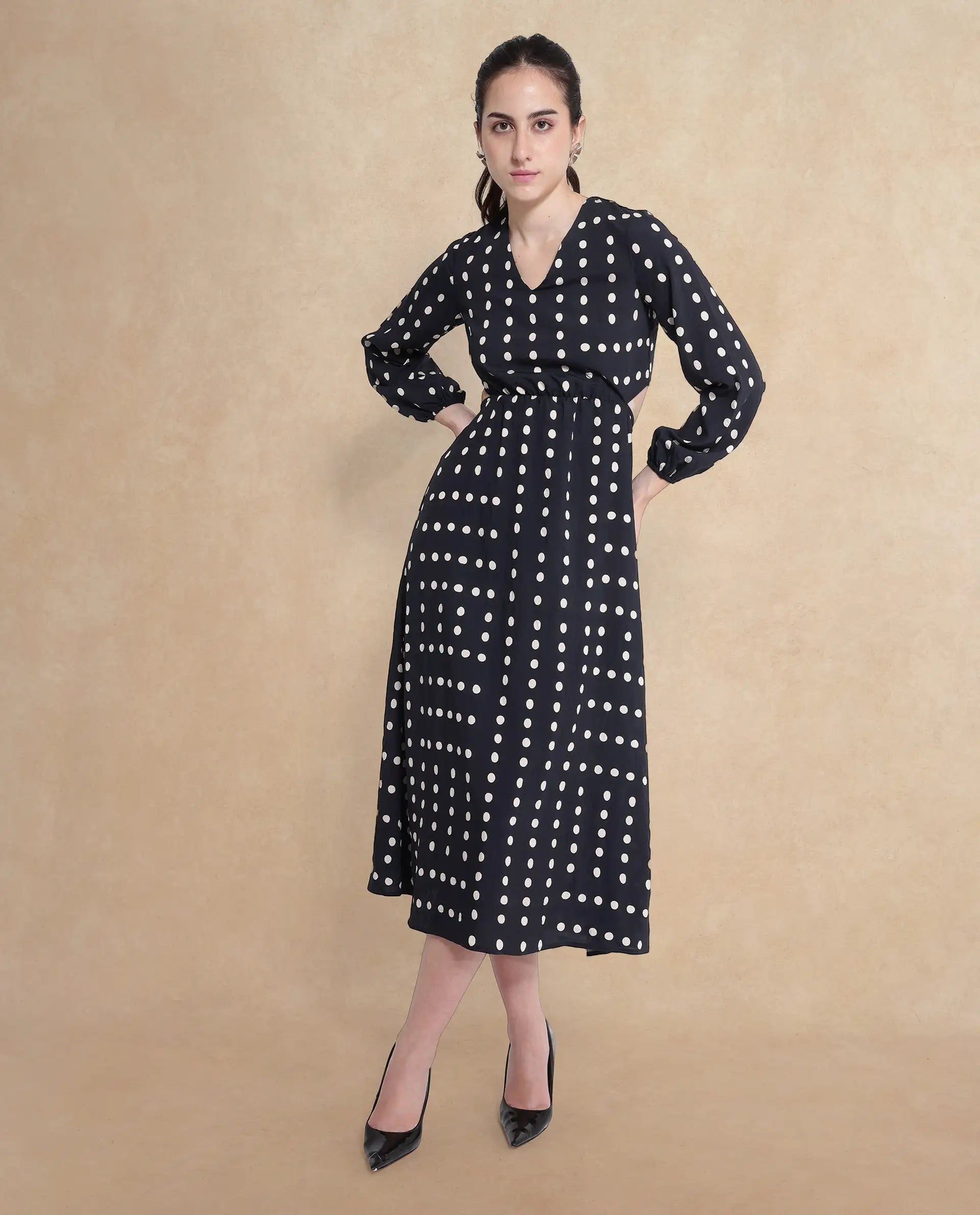 Rareism Women Sassari Black Bishop Sleeve V-Neck Tie Up A-Line Polka Print Maxi Dress