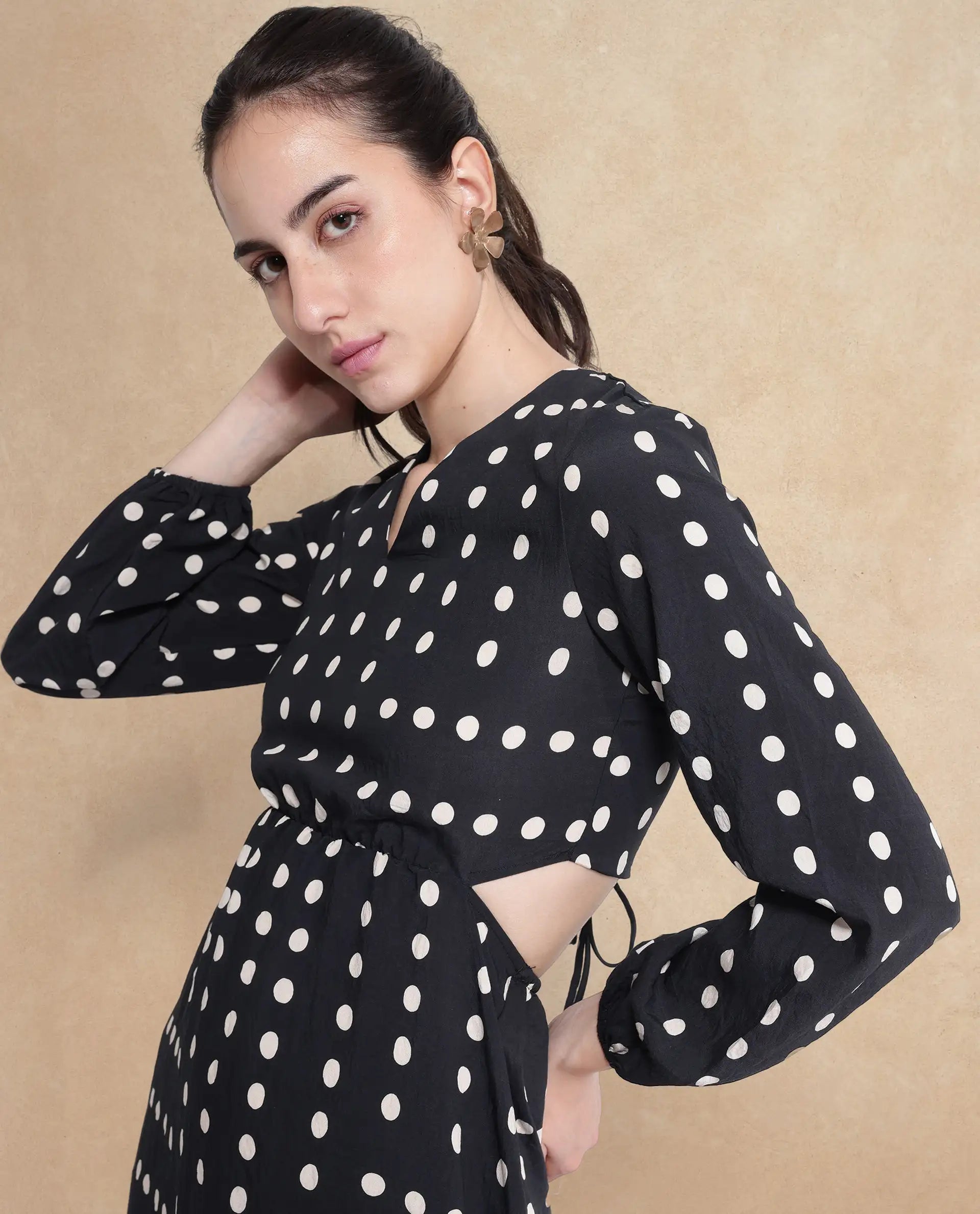 Rareism Women Sassari Black Bishop Sleeve V-Neck Tie Up A-Line Polka Print Maxi Dress