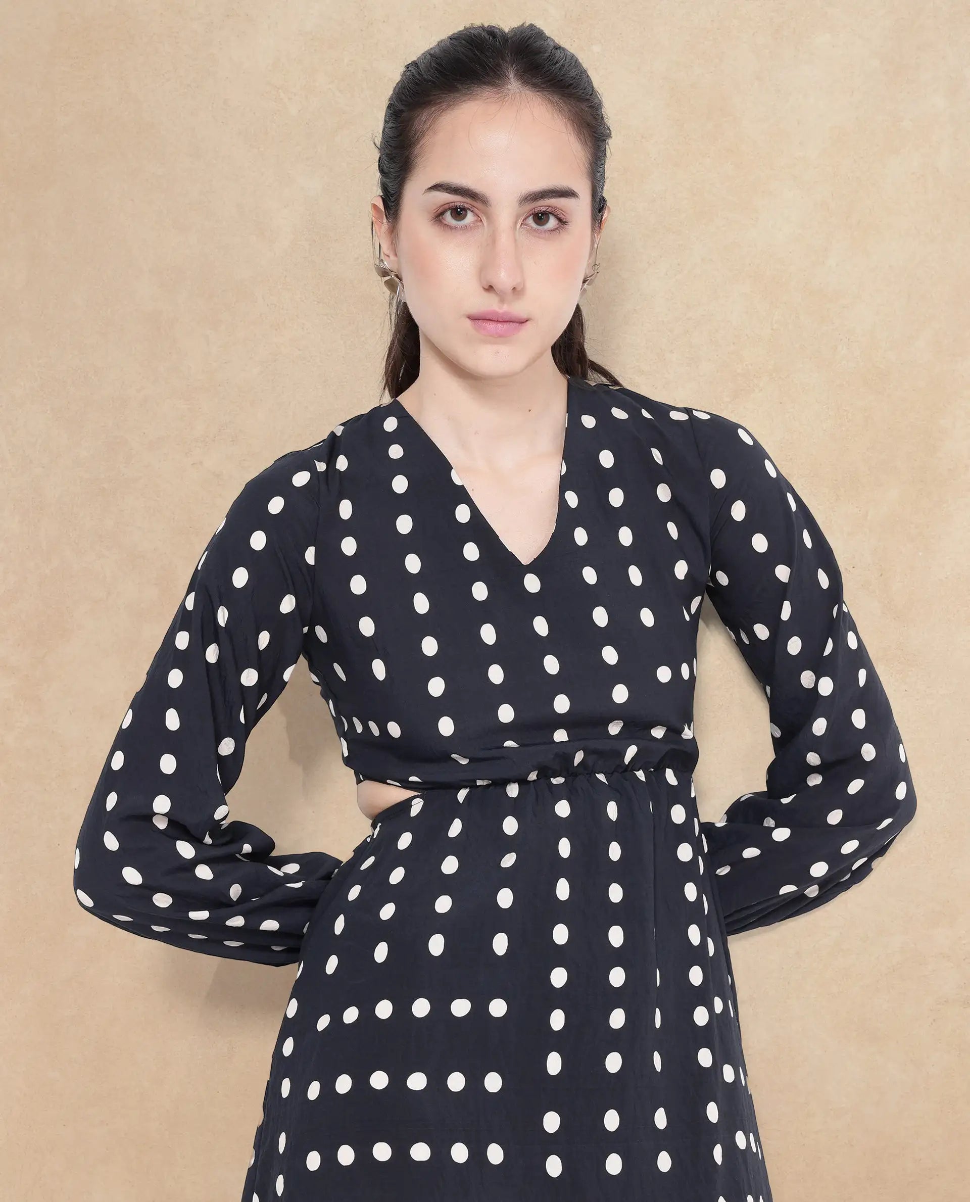 Rareism Women Sassari Black Bishop Sleeve V-Neck Tie Up A-Line Polka Print Maxi Dress