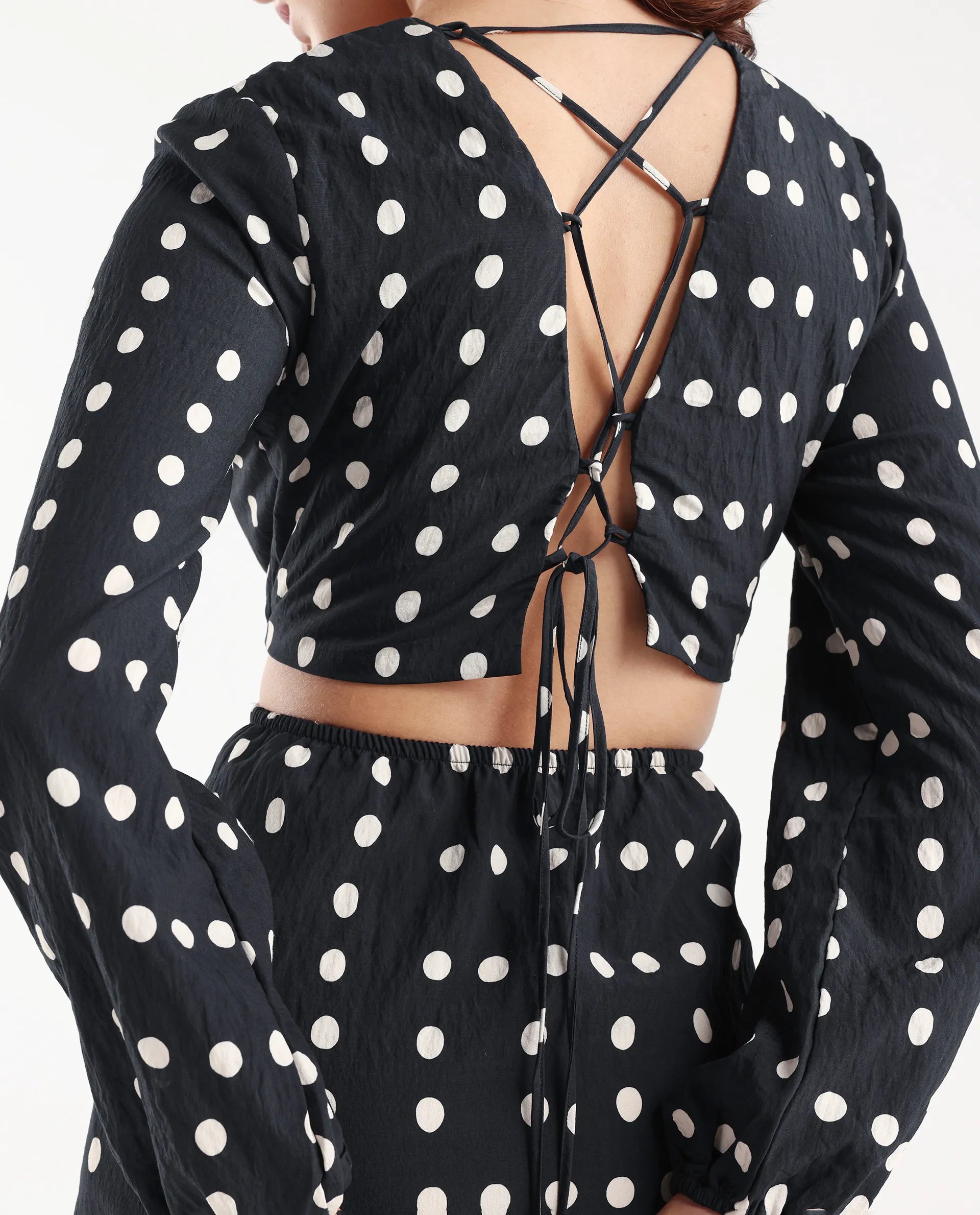 Rareism Women's Sassari Black Nylon Blend V-Neck Polka Print Bishop Sleeve Maxi Regular Fit Dress