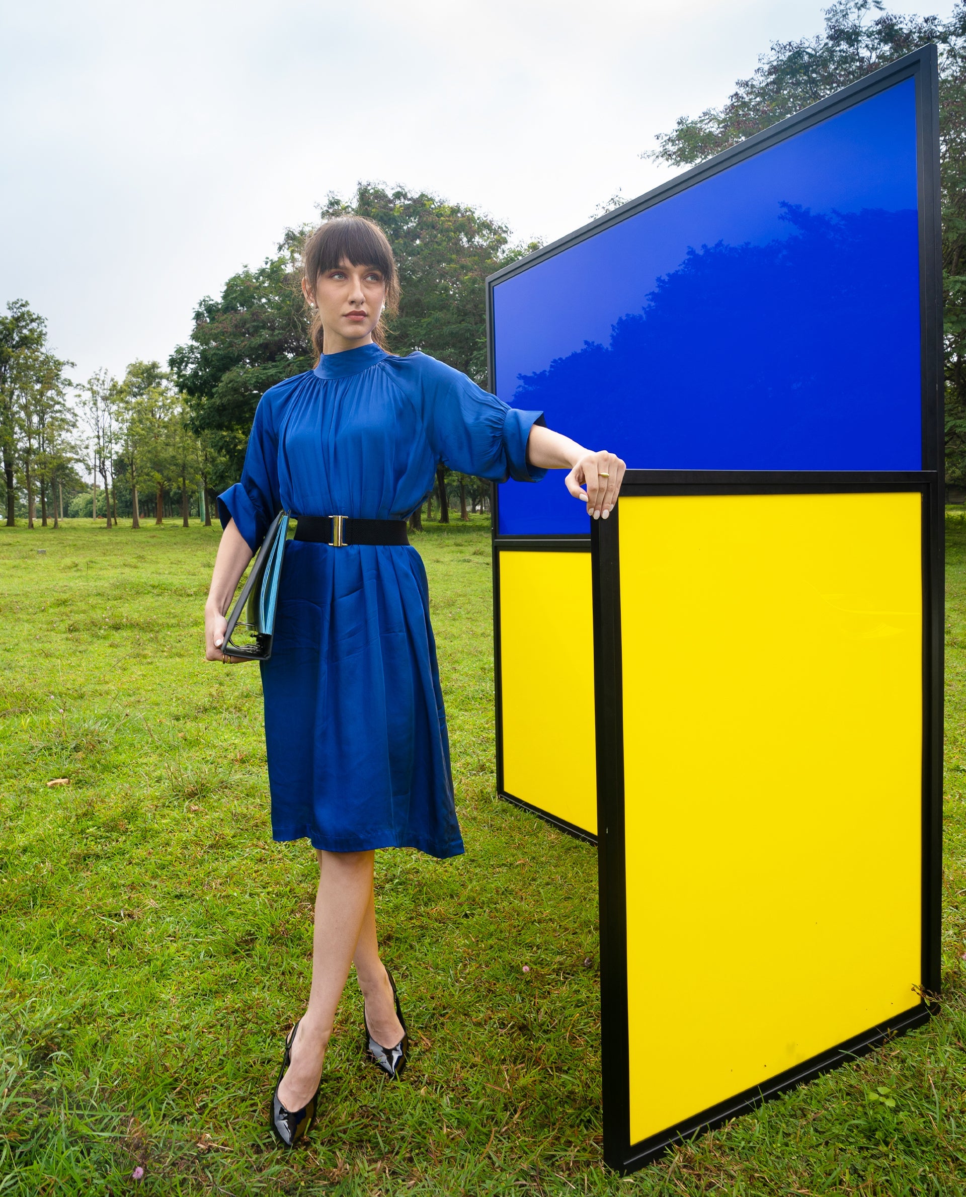 Rareism Women Shiver Dark Blue High Neck With Gathers Raglan Sleeves With Puff And Side Slit Knee Length Dress