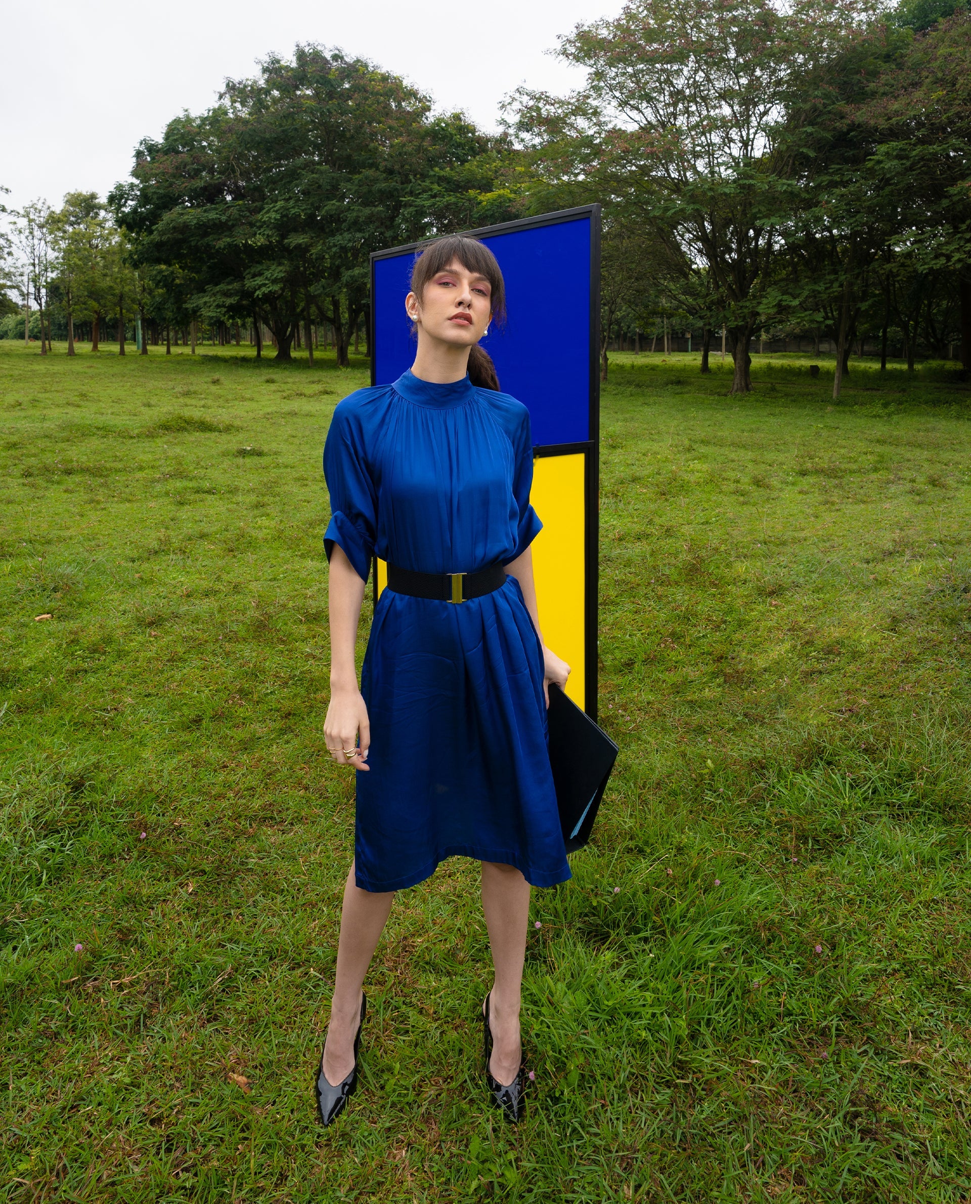 Rareism Women Shiver Dark Blue High Neck With Gathers Raglan Sleeves With Puff And Side Slit Knee Length Dress