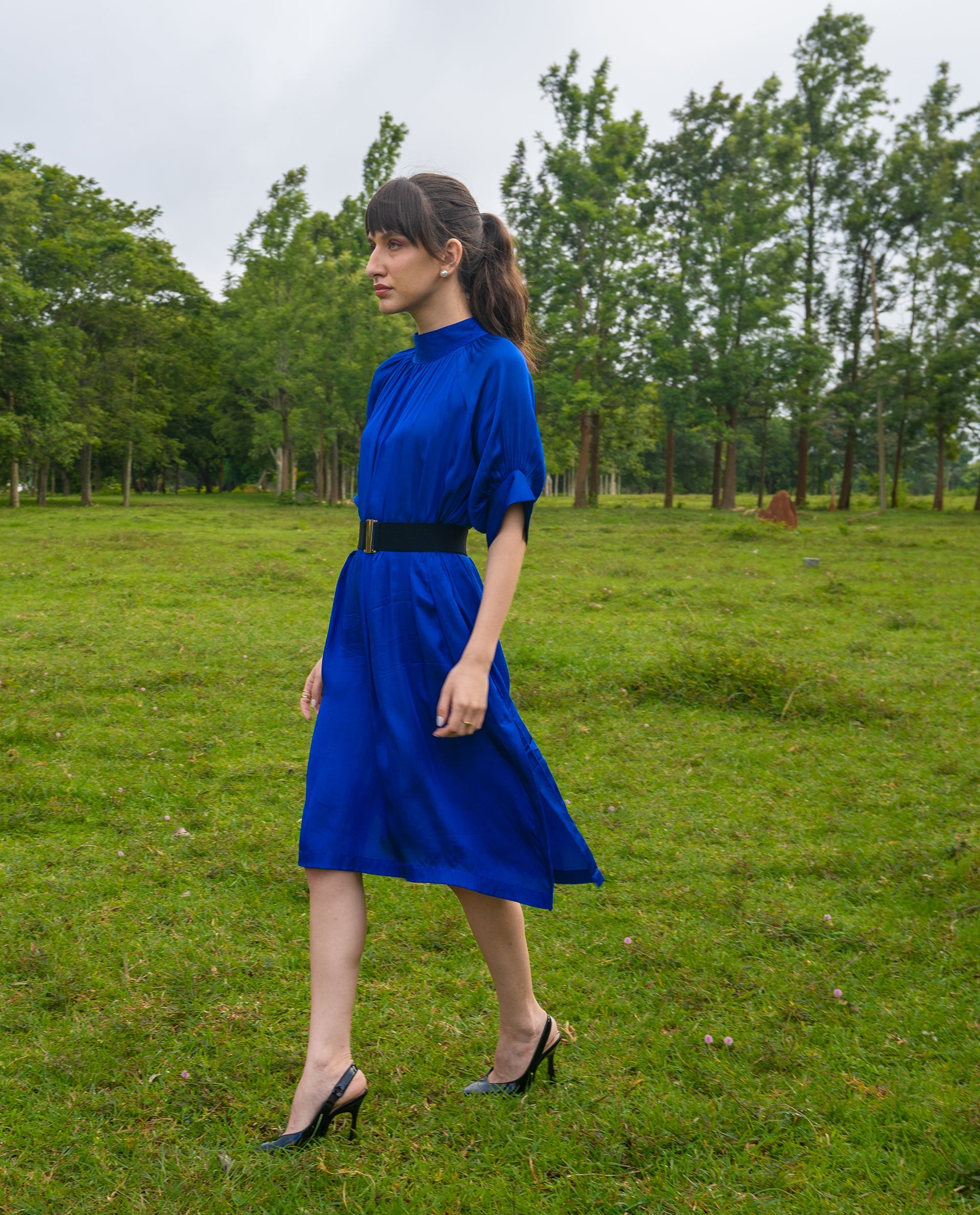 Rareism Women Shiver Dark Blue High Neck With Gathers Raglan Sleeves With Puff And Side Slit Knee Length Dress