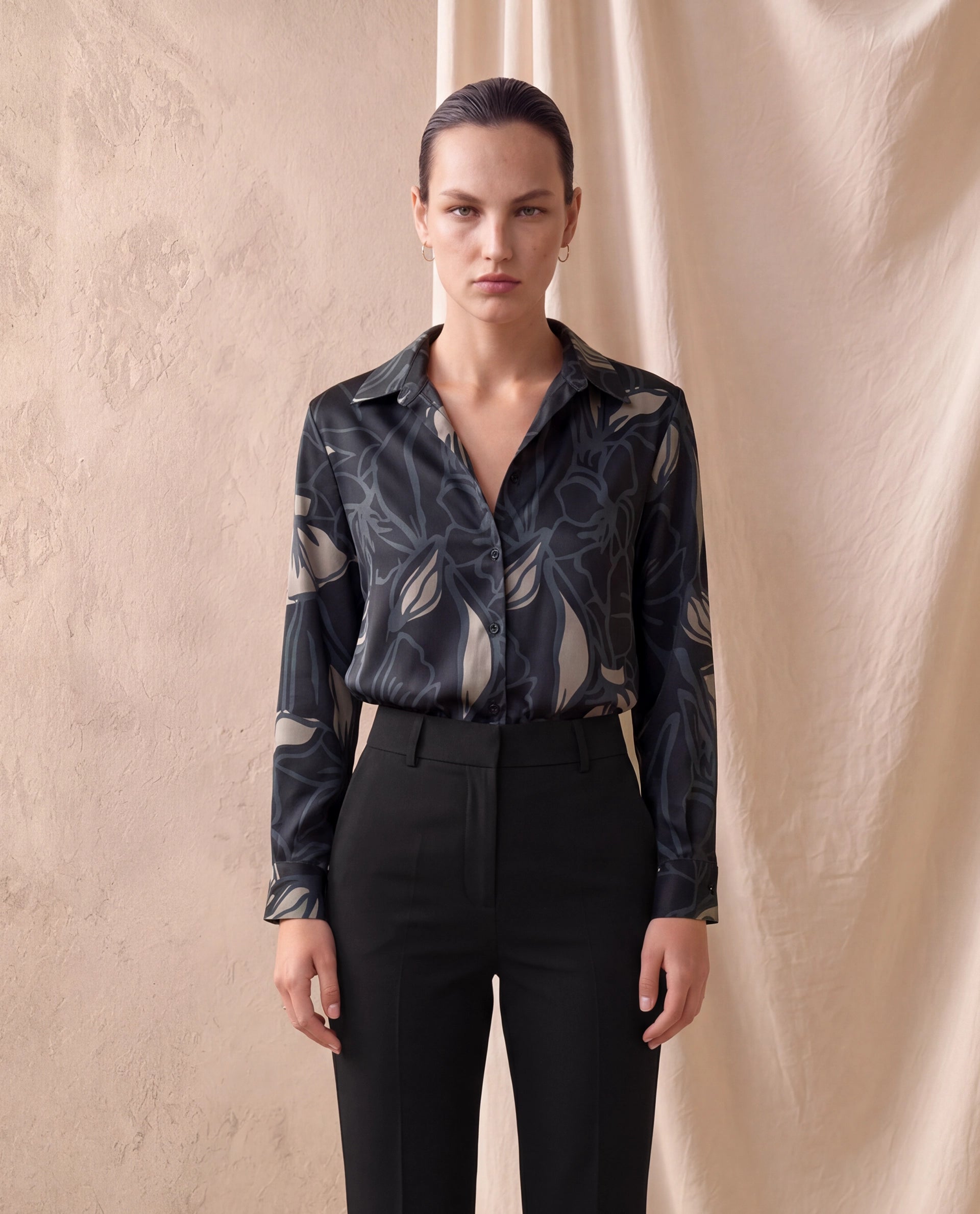 Rareism Women's Satino Black Abstract Satin Regular Long Sleeve Shirt