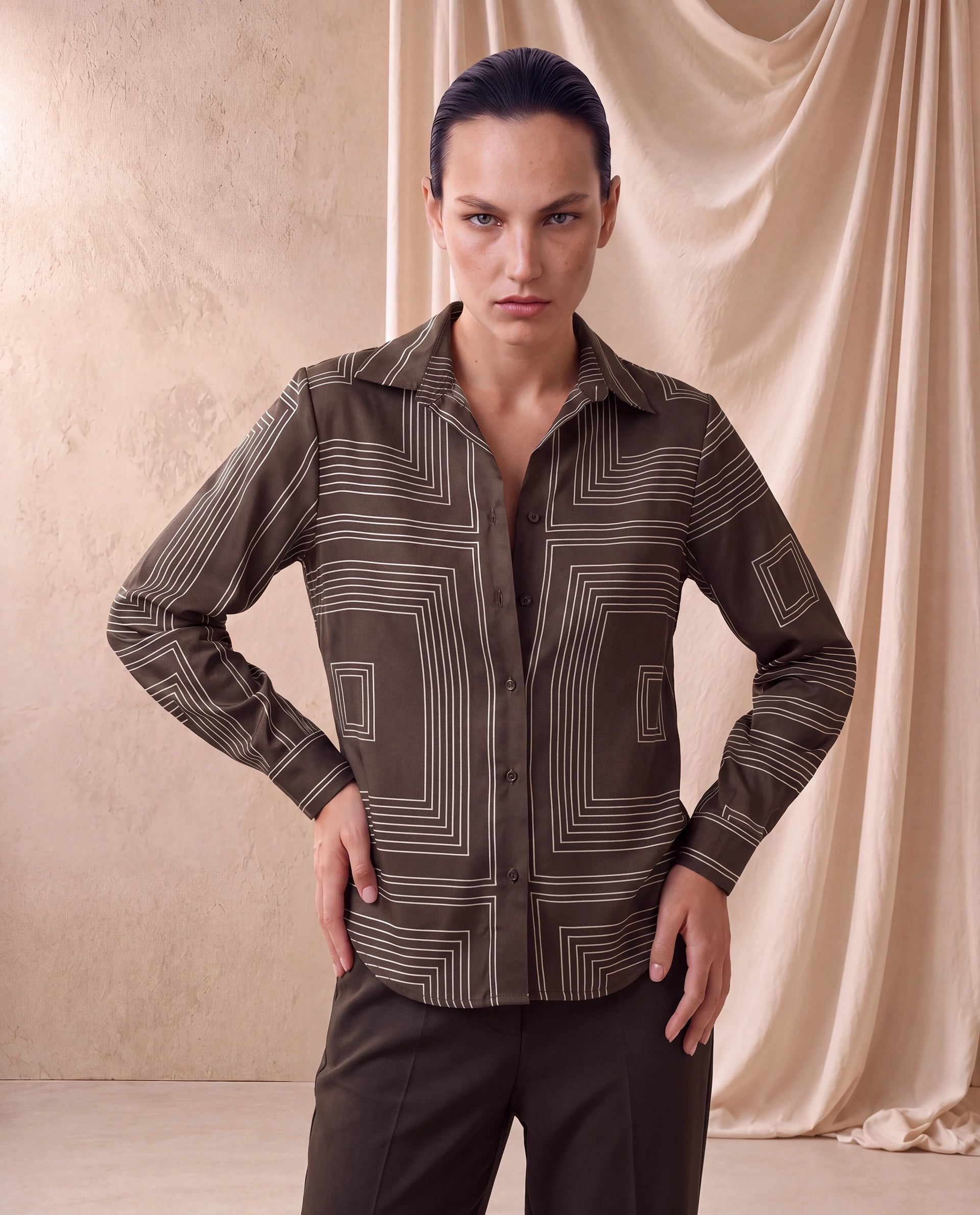 Rareism Women's Satino Brown Abstract Polyester Regular Long Sleeves Shirt