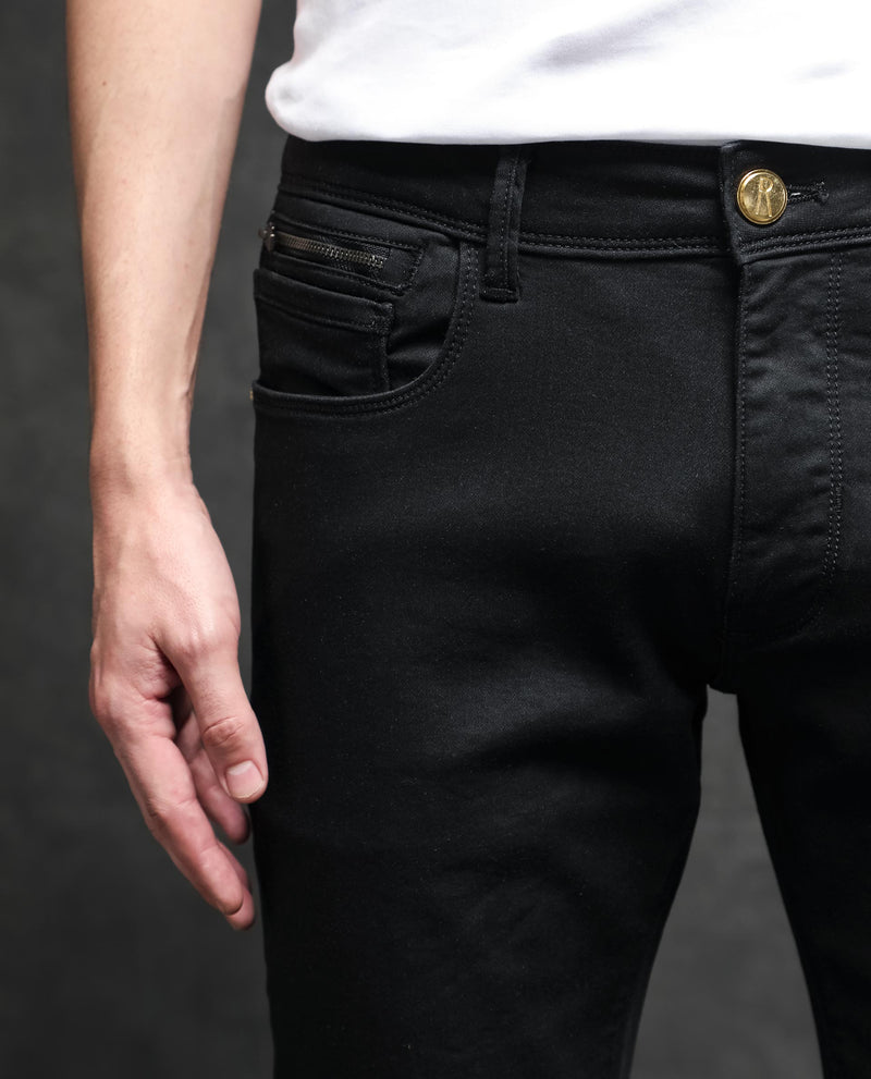 Rare Rabbit Men's Satinx Black Rinse Wash Mid-Rise Slim Fit Jeans