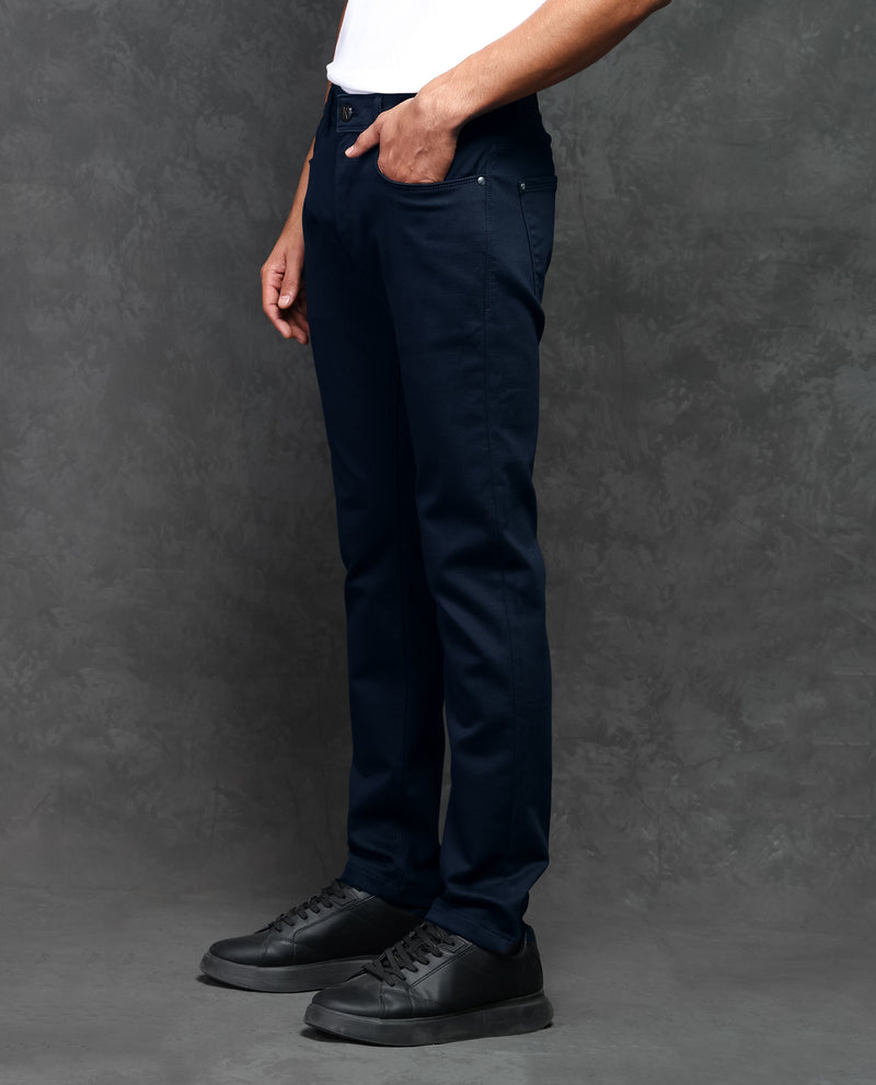 Rare Rabbit Men's Satinx Navy Dark Wash Satin Stretch Mid-Rise Slim Fit Jeans