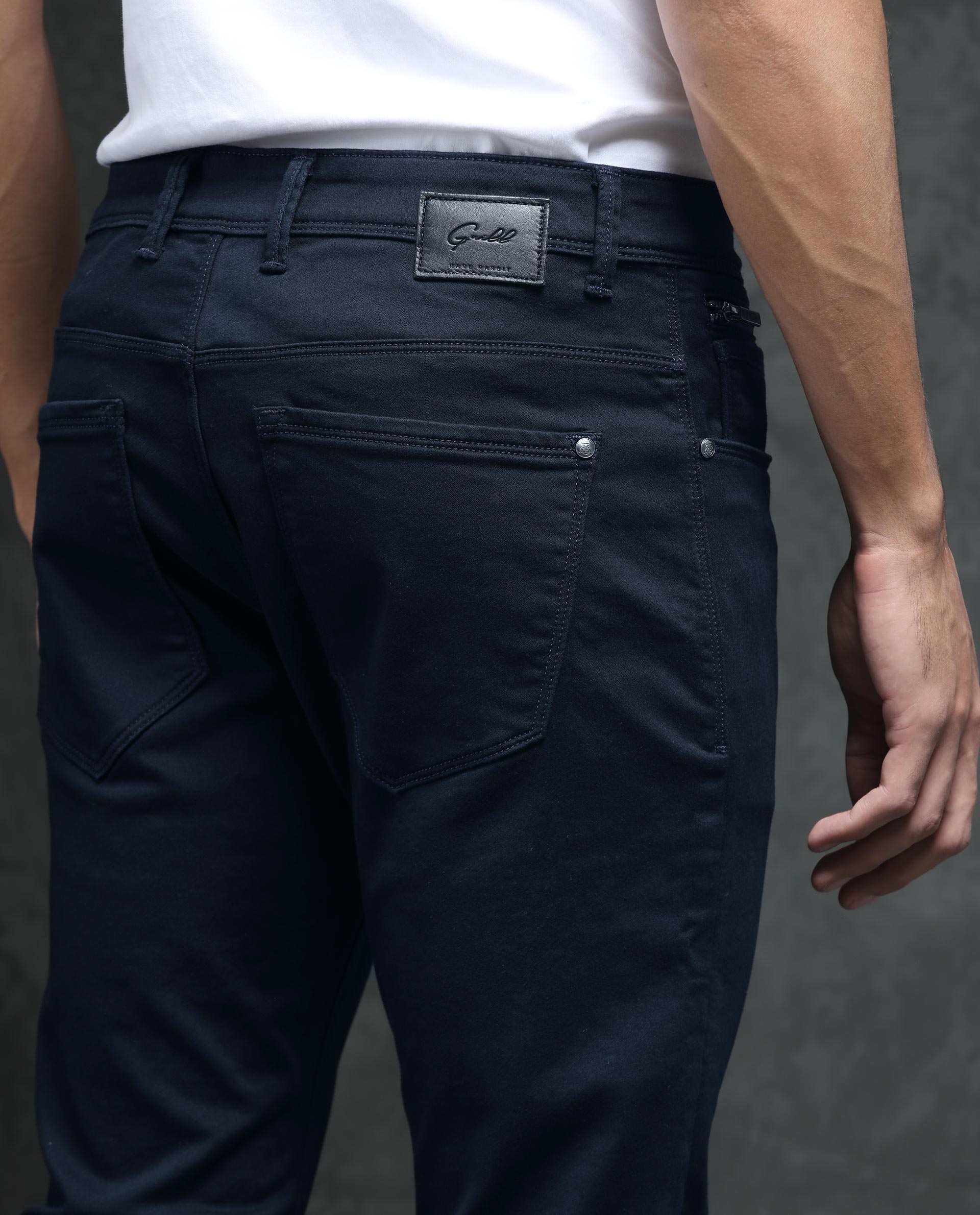 Rare Rabbit Men's Saton Navy Dark Wash Mid-Rise Satin Stretch Slim Fit Jeans