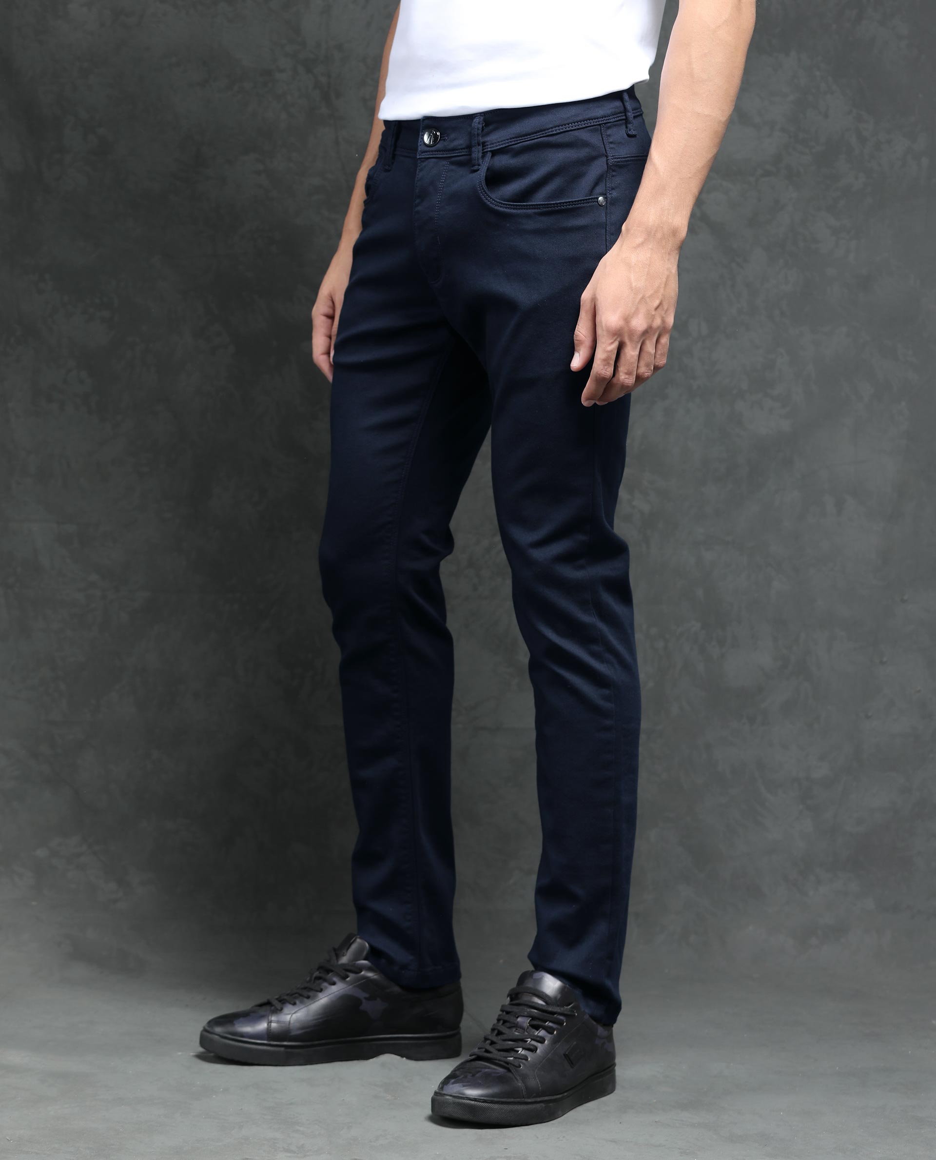 Rare Rabbit Men's Saton Navy Dark Wash Mid-Rise Satin Stretch Slim Fit Jeans