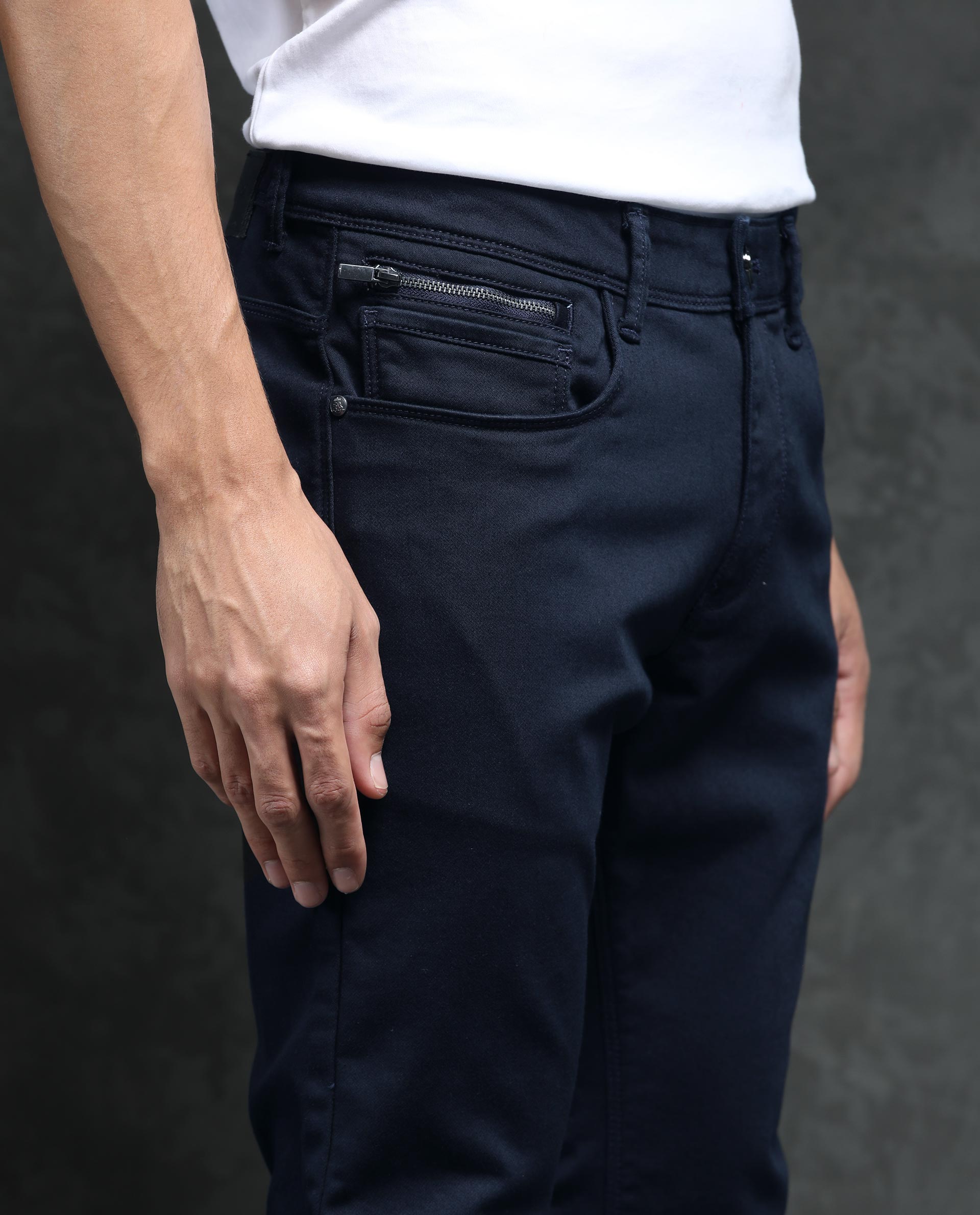 Rare Rabbit Men's Saton Navy Dark Wash Mid-Rise Satin Stretch Slim Fit Jeans