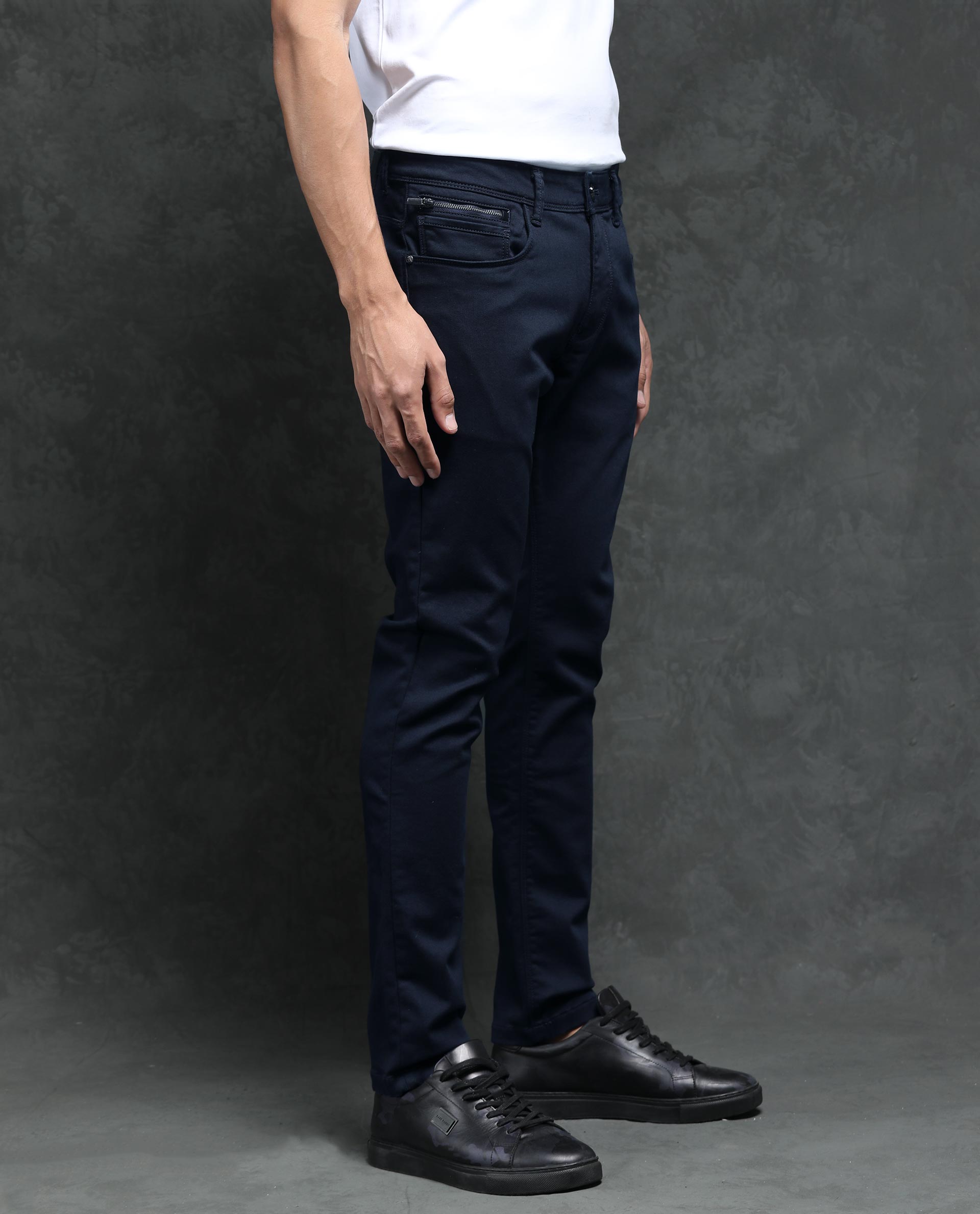 Rare Rabbit Men's Saton Navy Dark Wash Mid-Rise Satin Stretch Slim Fit Jeans