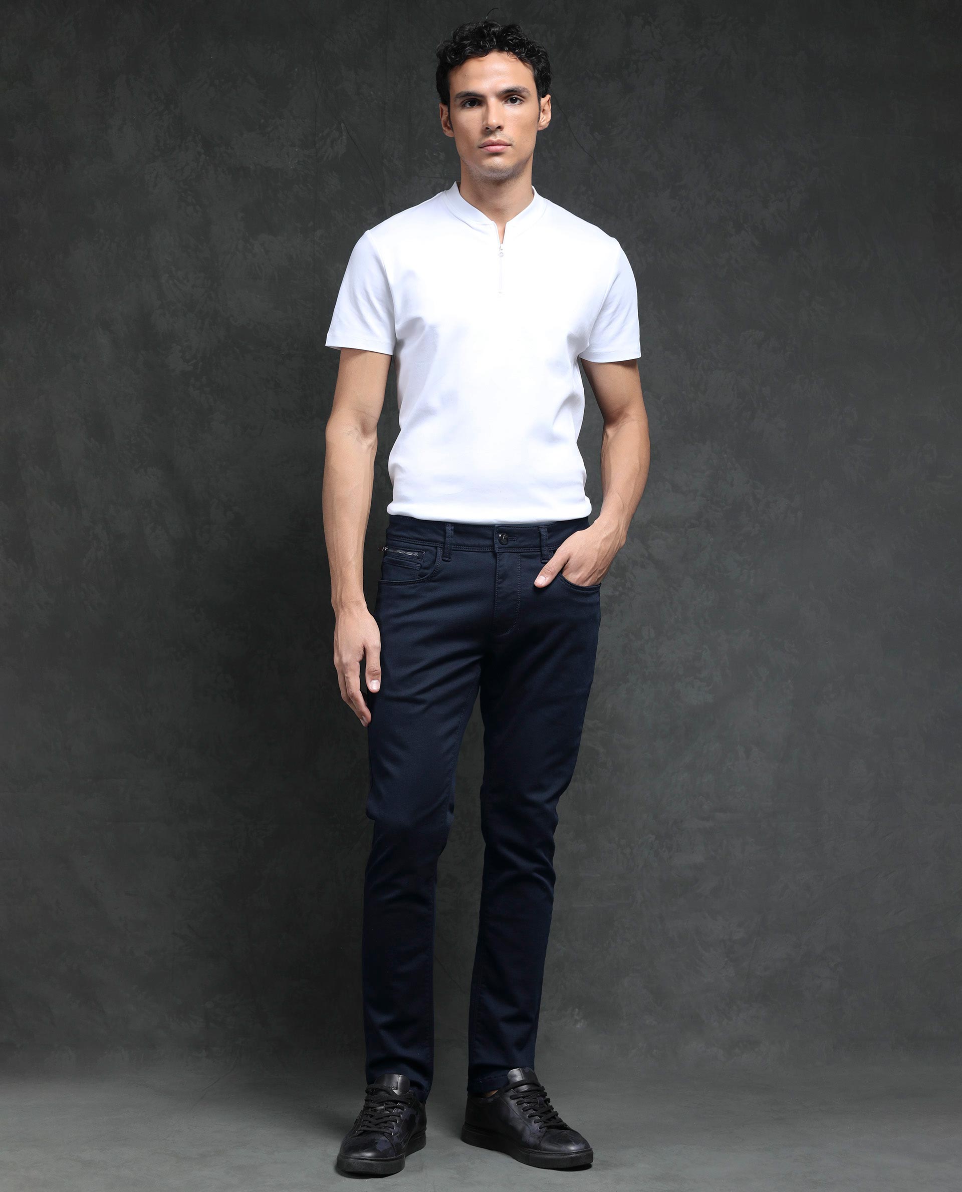 Rare Rabbit Men's Saton Navy Dark Wash Mid-Rise Satin Stretch Slim Fit Jeans