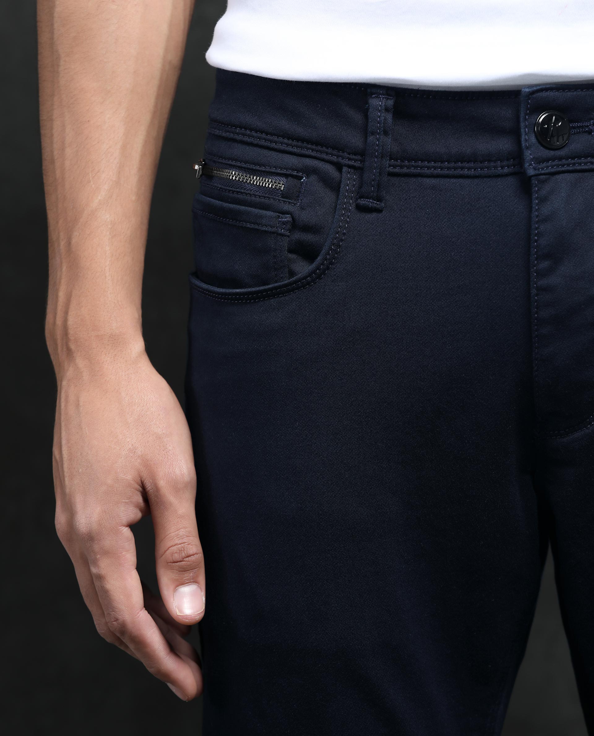 Rare Rabbit Men's Saton Navy Dark Wash Mid-Rise Satin Stretch Slim Fit Jeans