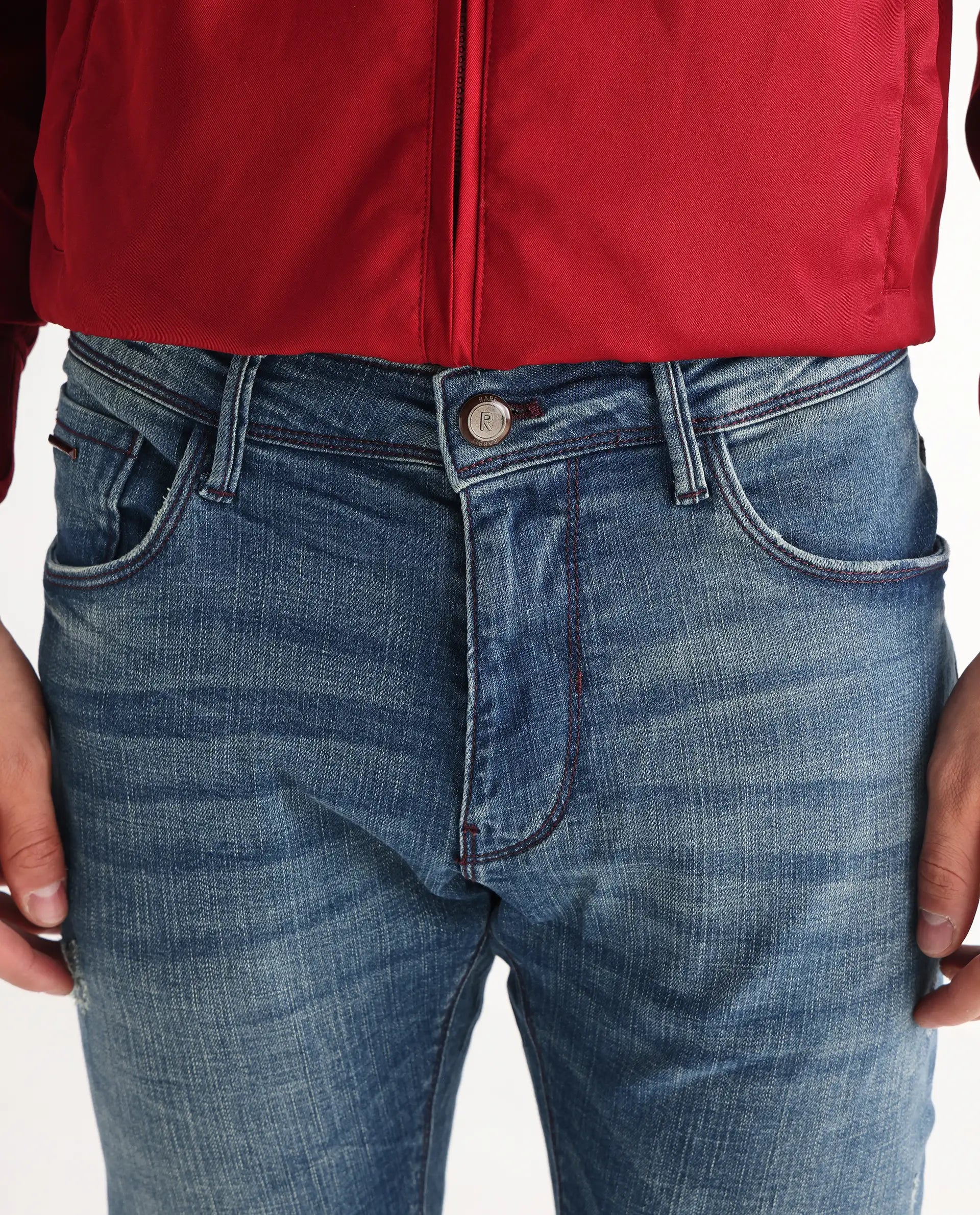 Rare Rabbit Men's Sator Light Blue Cotton Plain Hawk Slim Fit Jeans