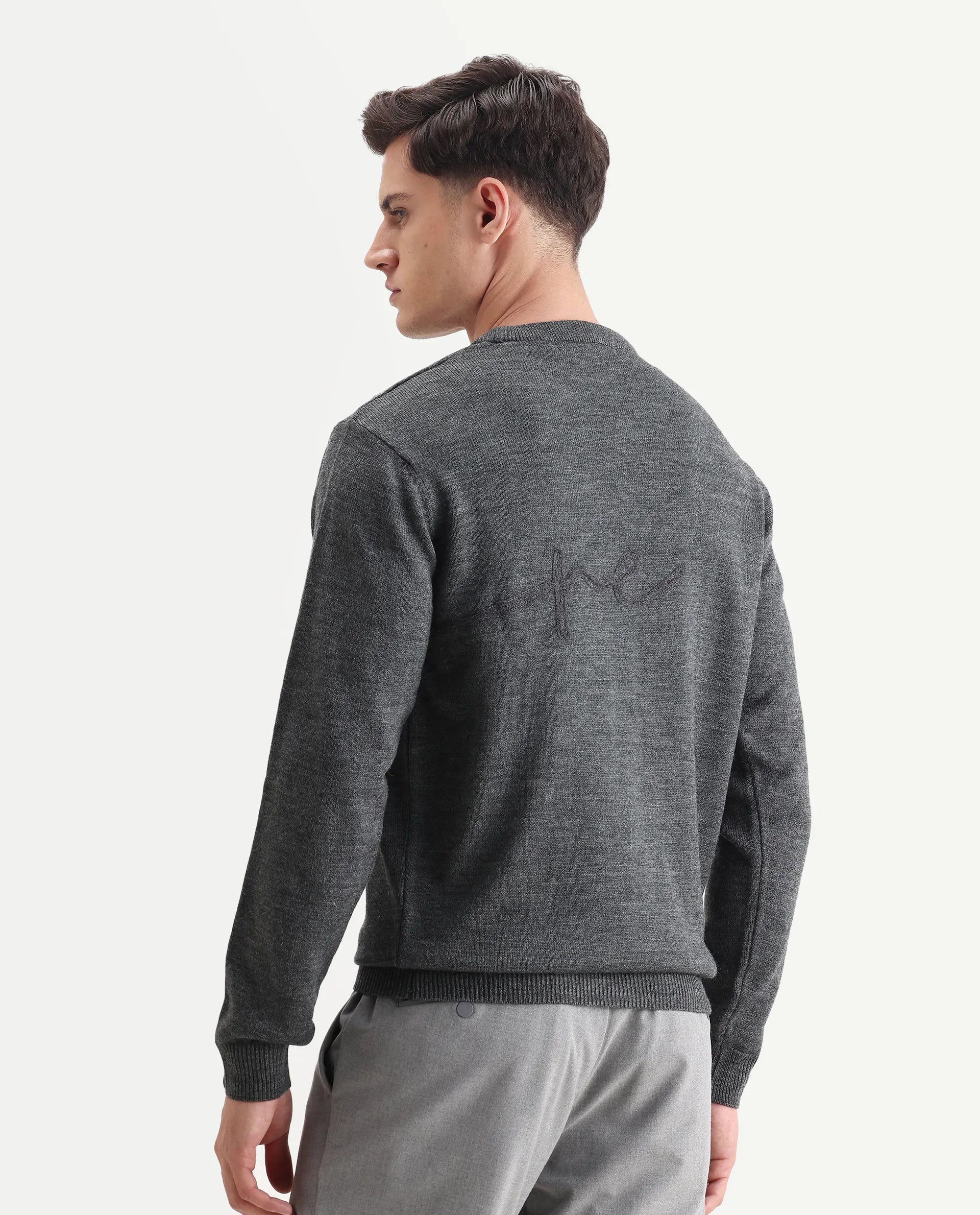 Rare Rabbit Men's Saturno Dusky Grey Acrylic Embroidered Regular Fit Full Sleeve Crew Neck Sweater