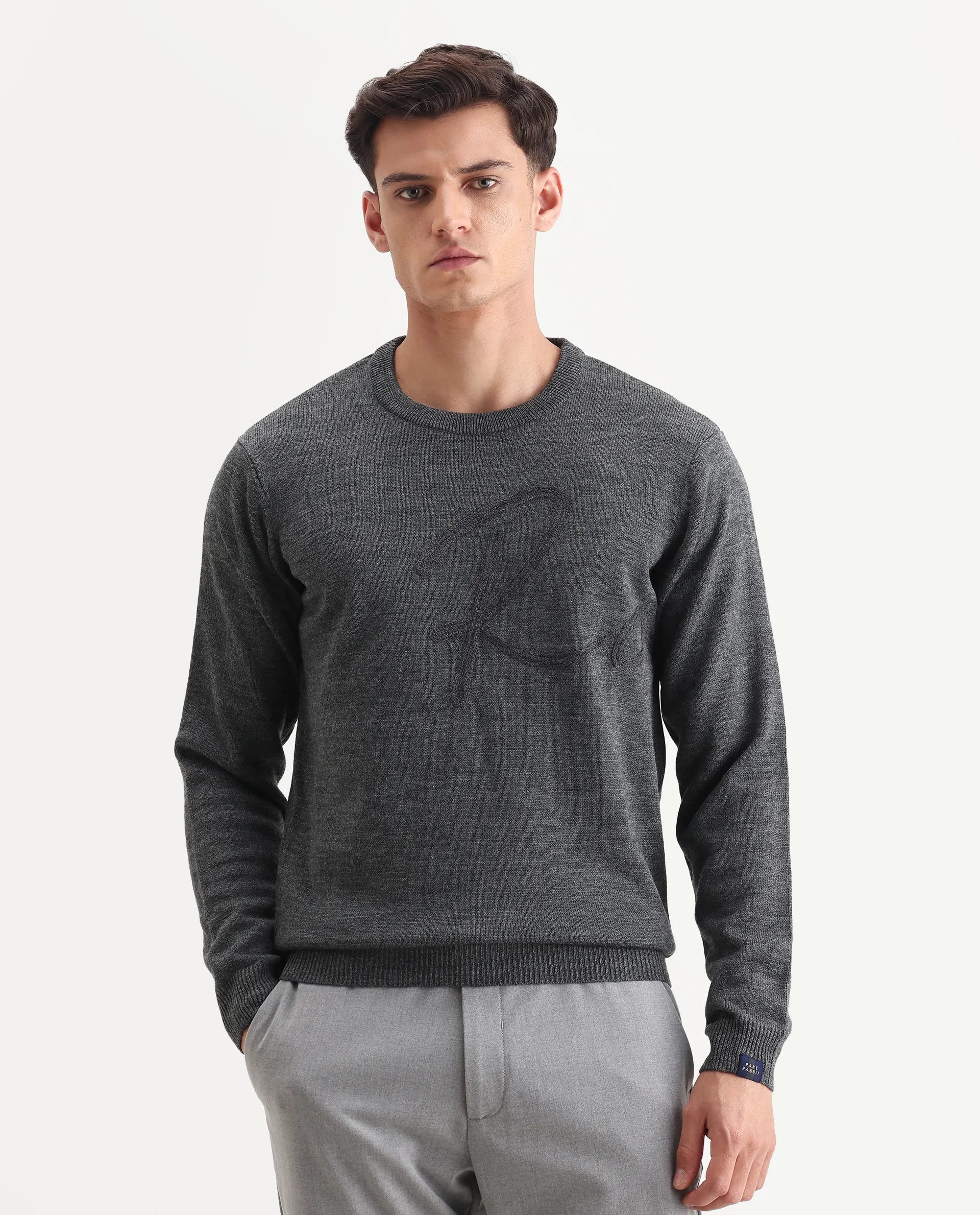 Rare Rabbit Men's Saturno Dusky Grey Acrylic Embroidered Regular Fit Full Sleeve Crew Neck Sweater