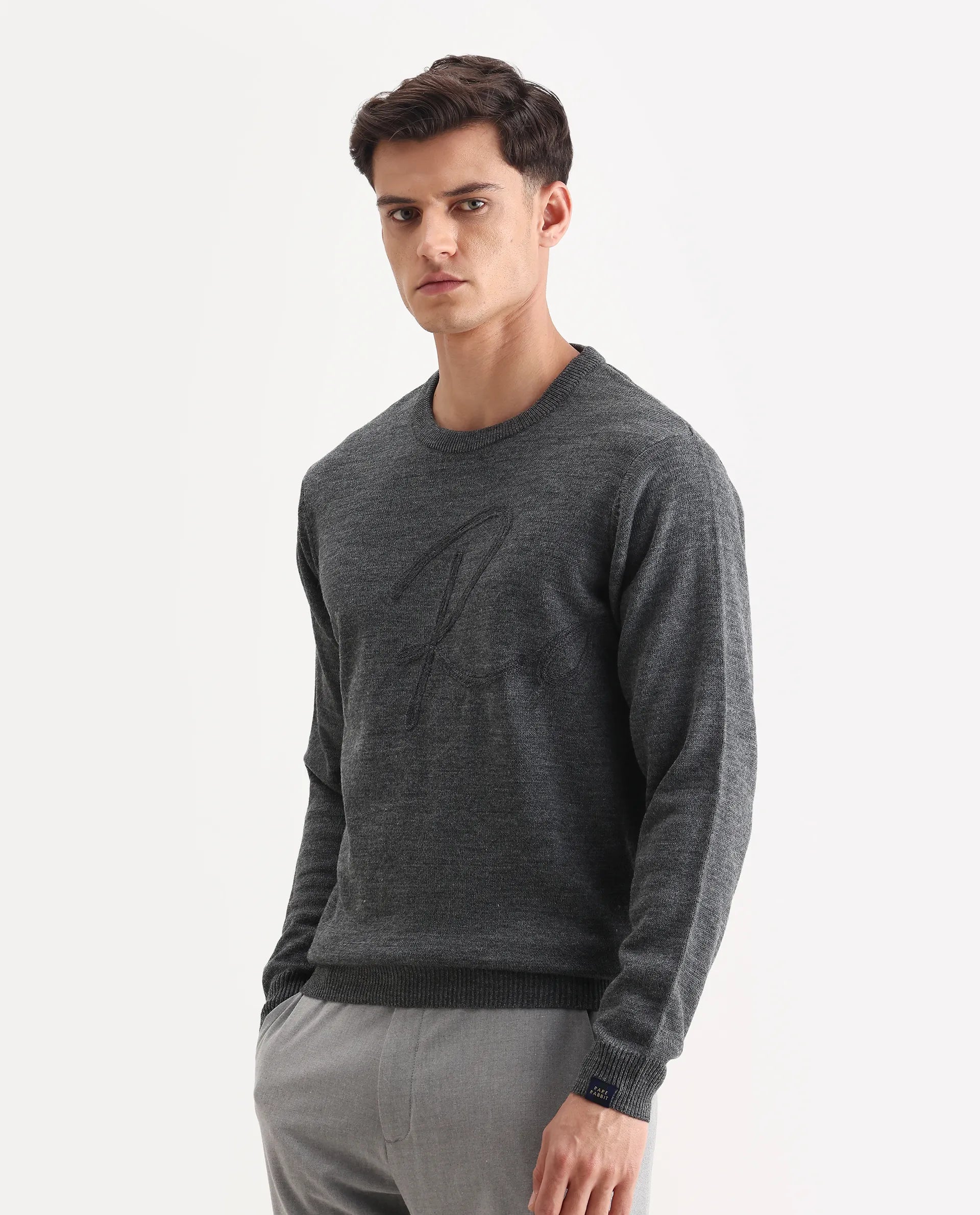 Rare Rabbit Men's Saturno Dusky Grey Acrylic Embroidered Regular Fit Full Sleeve Crew Neck Sweater