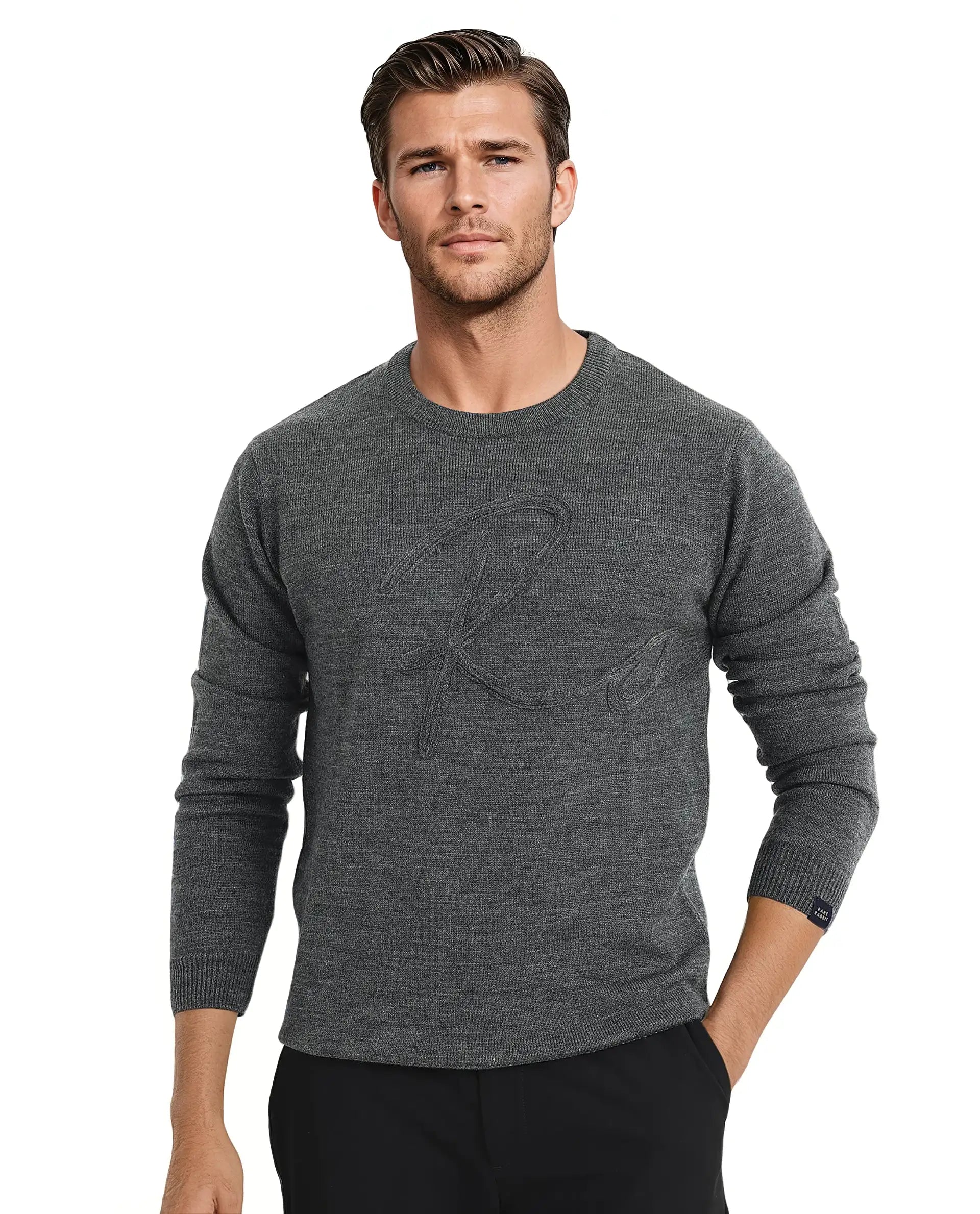 Rare Rabbit Men's Saturno Dusky Grey Acrylic Fabric Full Sleeve Crew Neck Embroidered Sweater