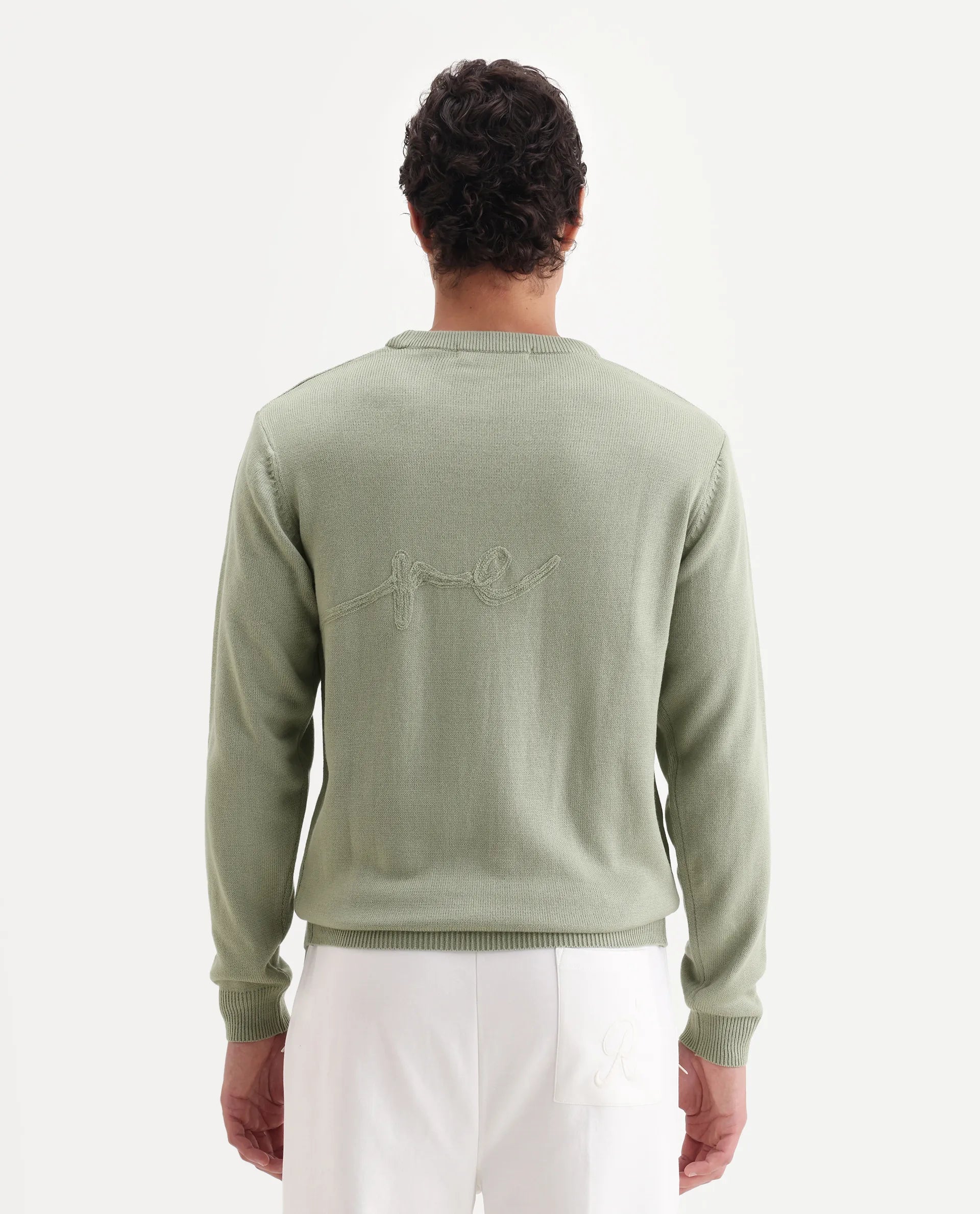 Rare Rabbit Men's Saturno Light Olive Acrylic Embroidered Regular Fit Full Sleeve Crew Neck Sweater
