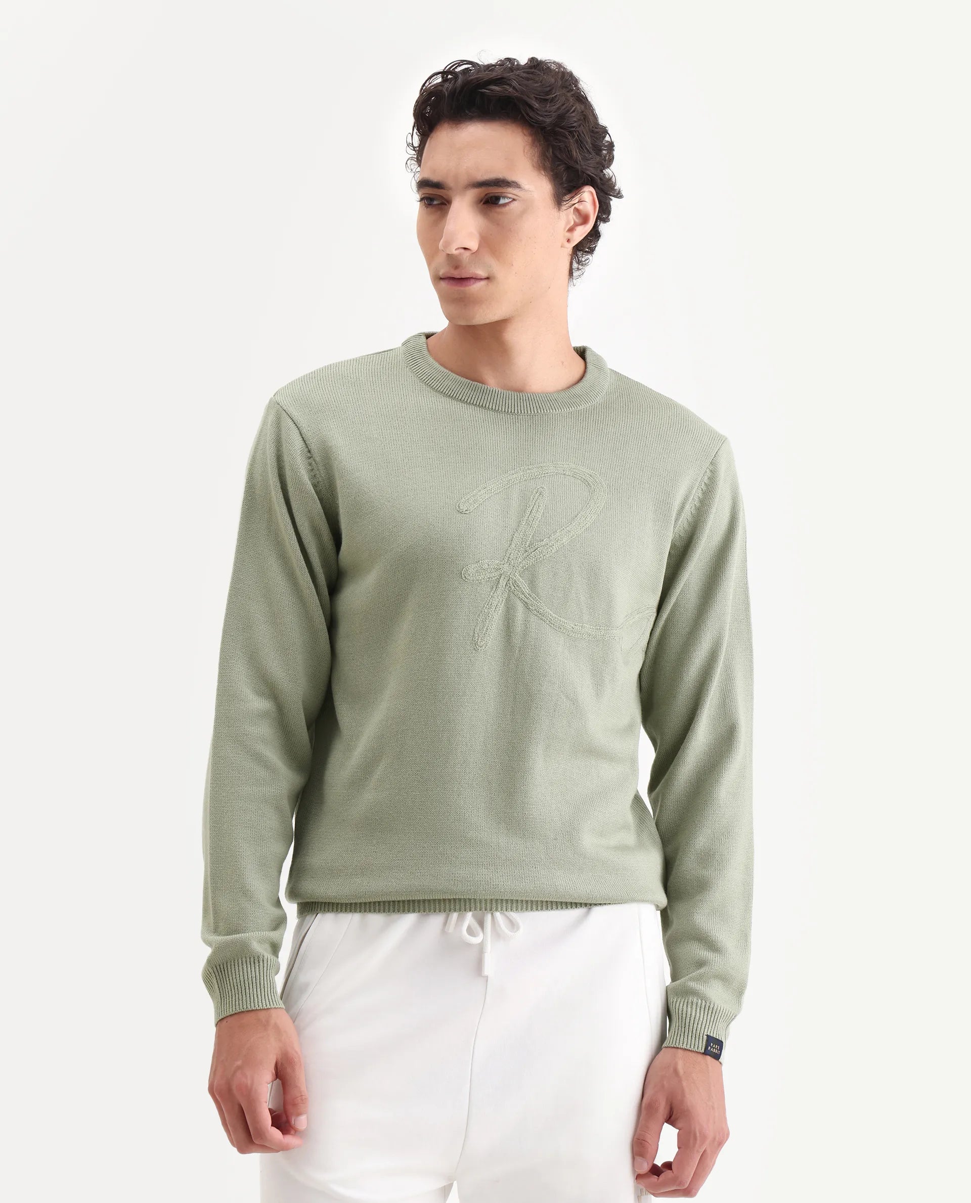 Rare Rabbit Men's Saturno Light Olive Acrylic Embroidered Regular Fit Full Sleeve Crew Neck Sweater