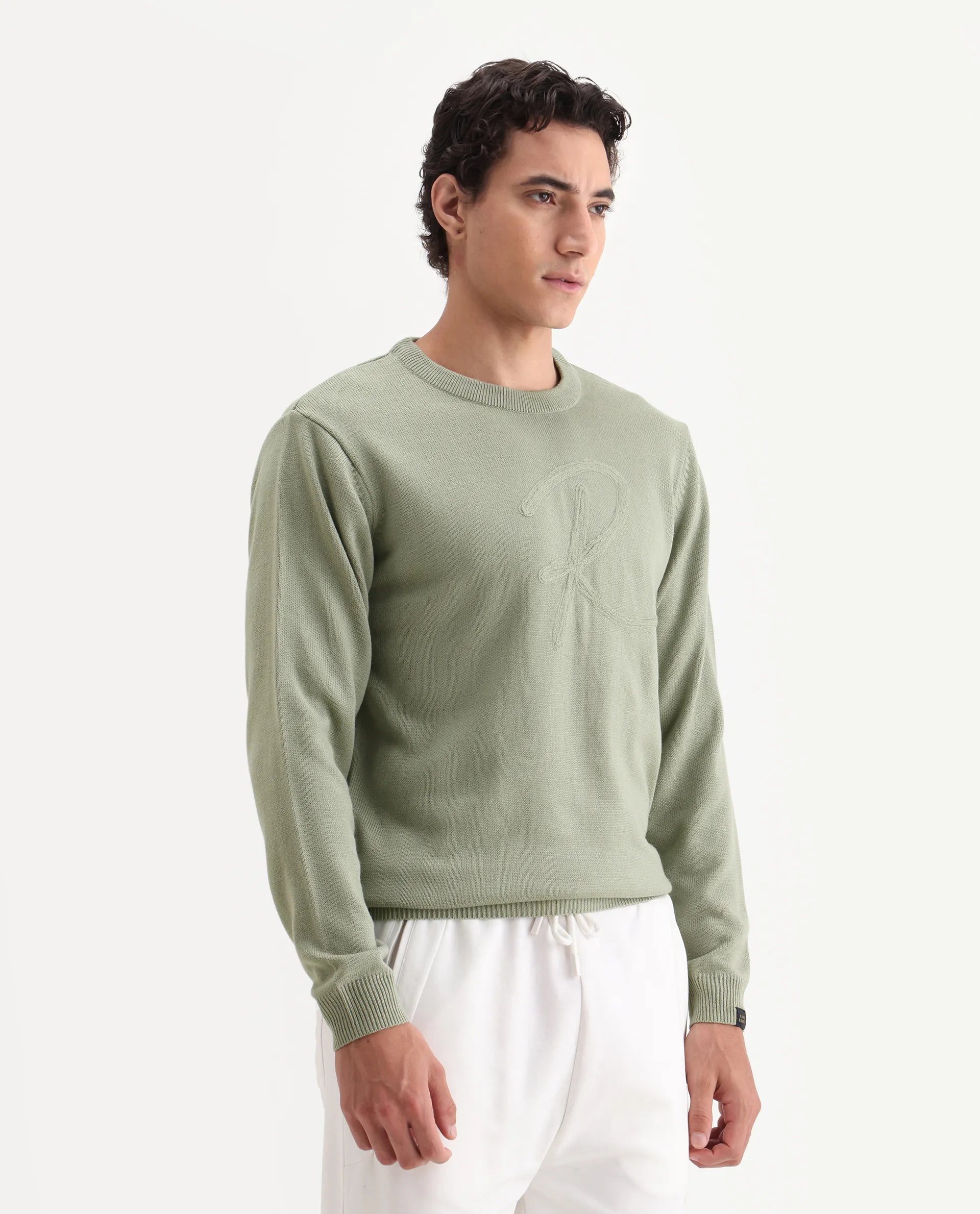 Rare Rabbit Men's Saturno Light Olive Acrylic Embroidered Regular Fit Full Sleeve Crew Neck Sweater