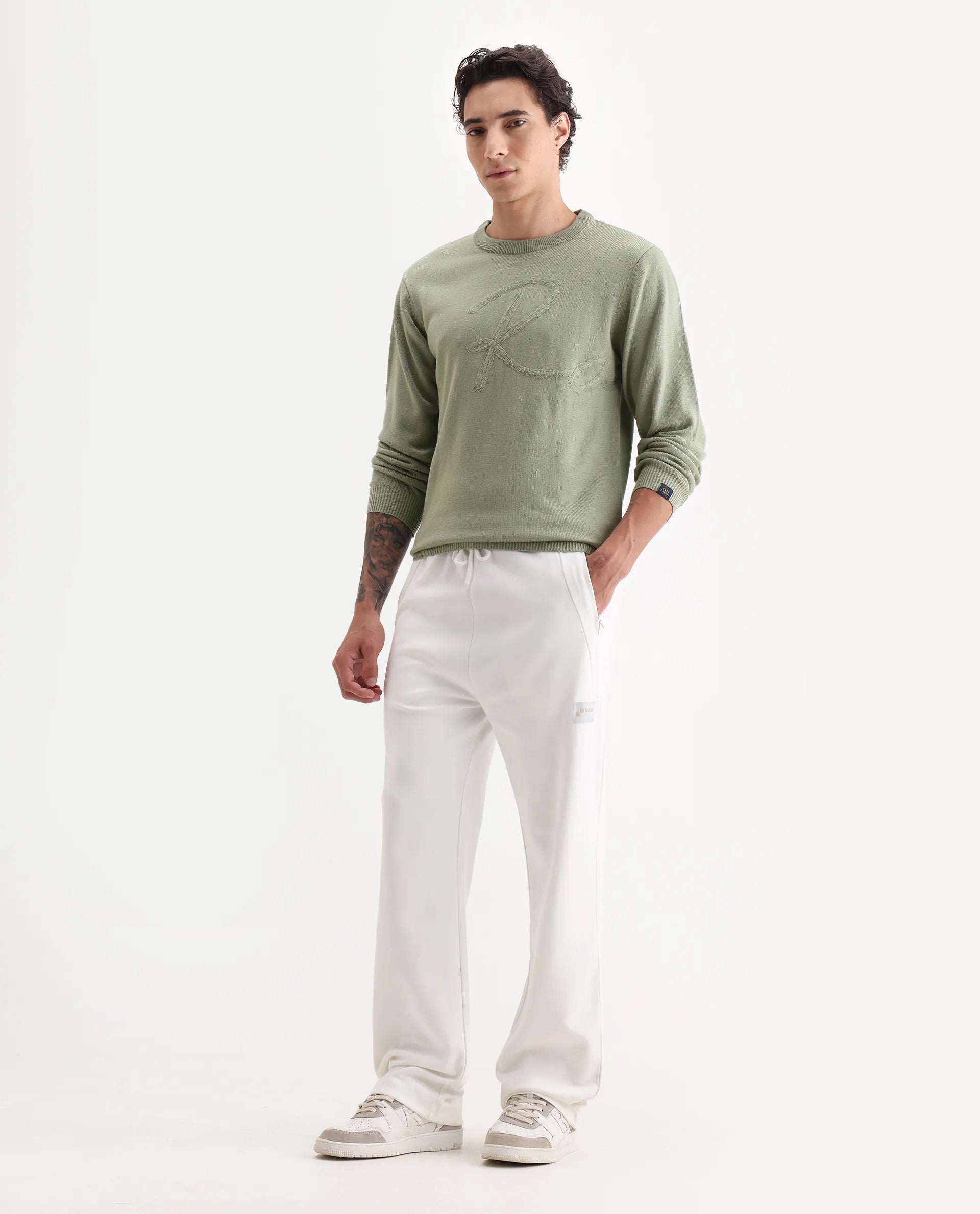 Rare Rabbit Men's Saturno Light Olive Acrylic Embroidered Regular Fit Full Sleeve Crew Neck Sweater