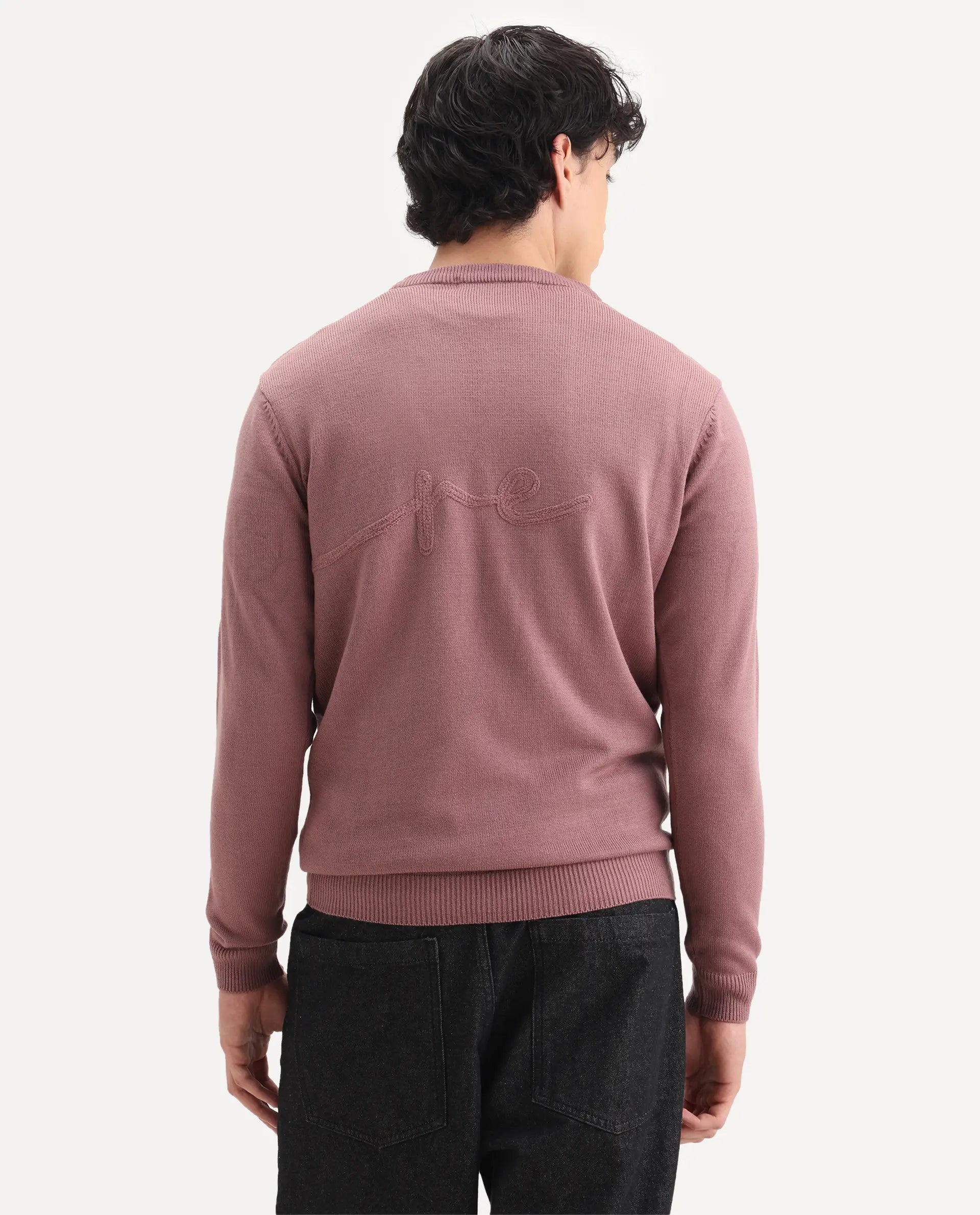 Rare Rabbit Men's Saturno Pink Acrylic Embroidered Regular Fit Full Sleeve Crew Neck Sweater