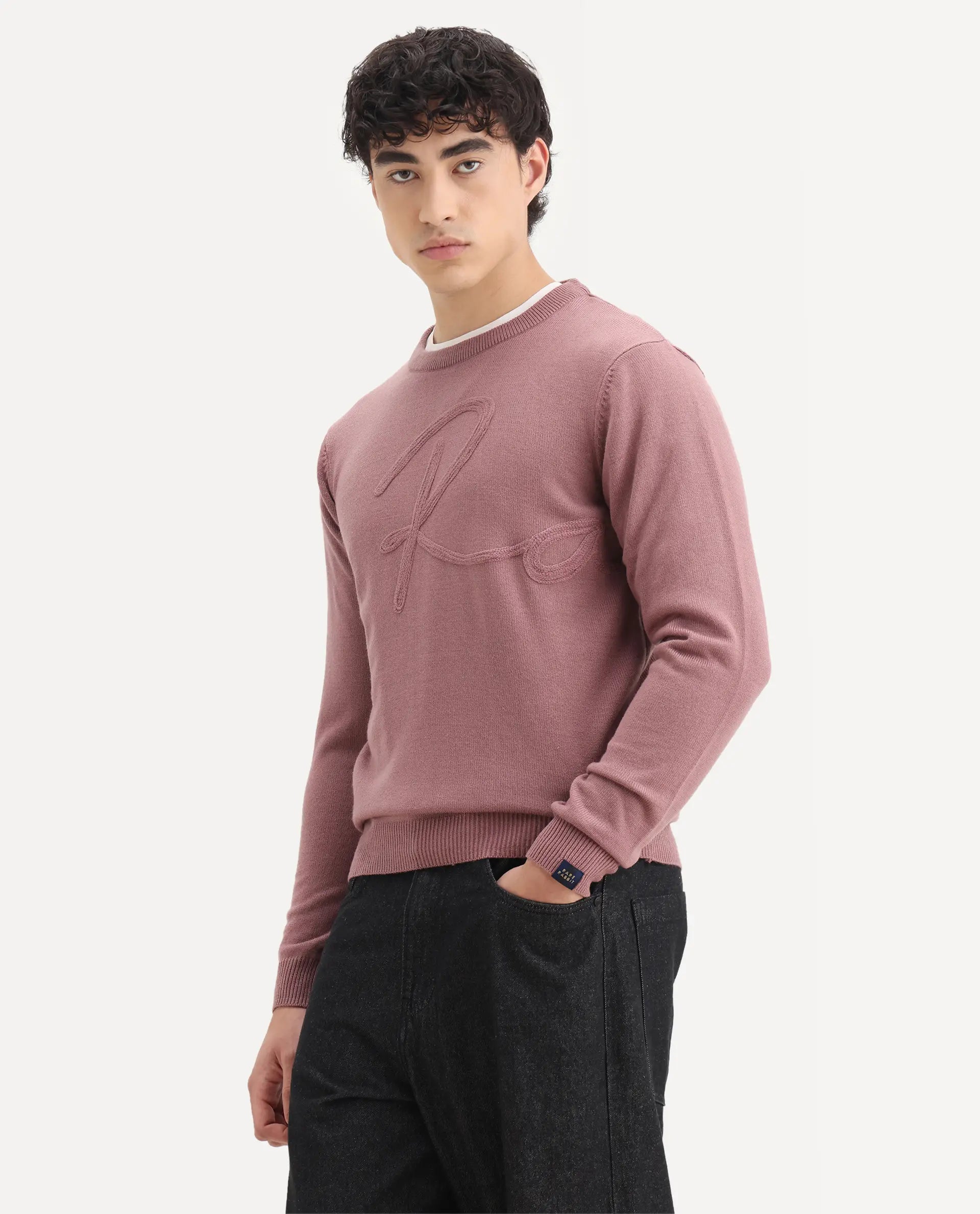 Rare Rabbit Men's Saturno Pink Acrylic Embroidered Regular Fit Full Sleeve Crew Neck Sweater